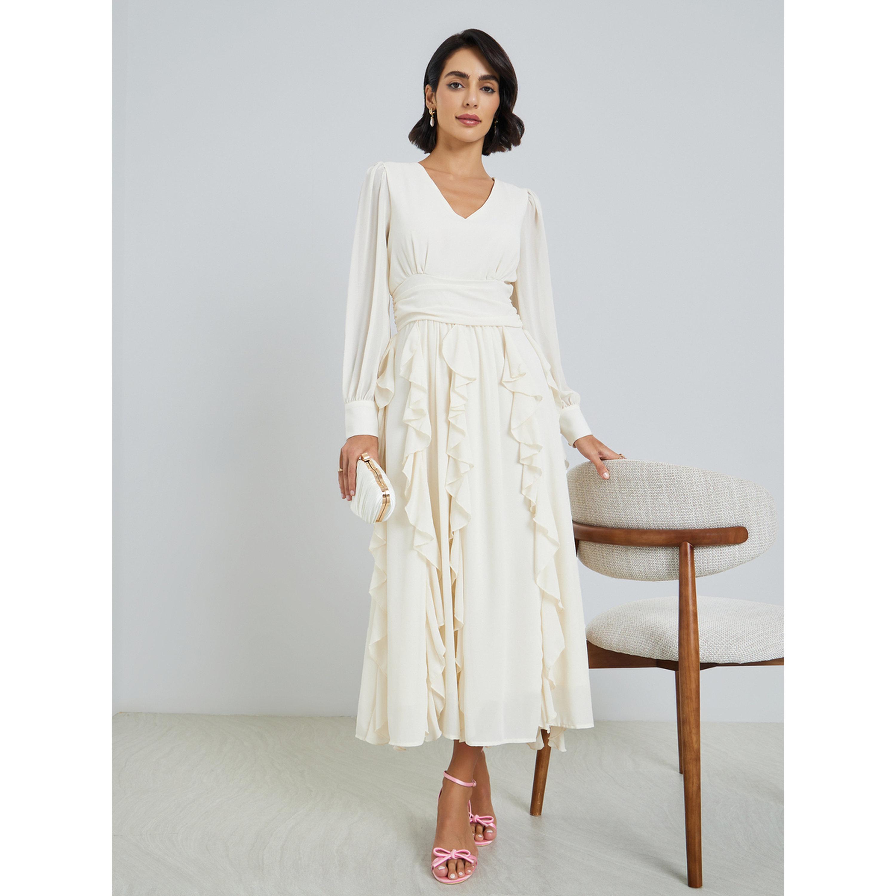 فستان ميدي نسائي بتفاصيل كشكشة وحافة واسعة-women-clothing-dresses-image-3