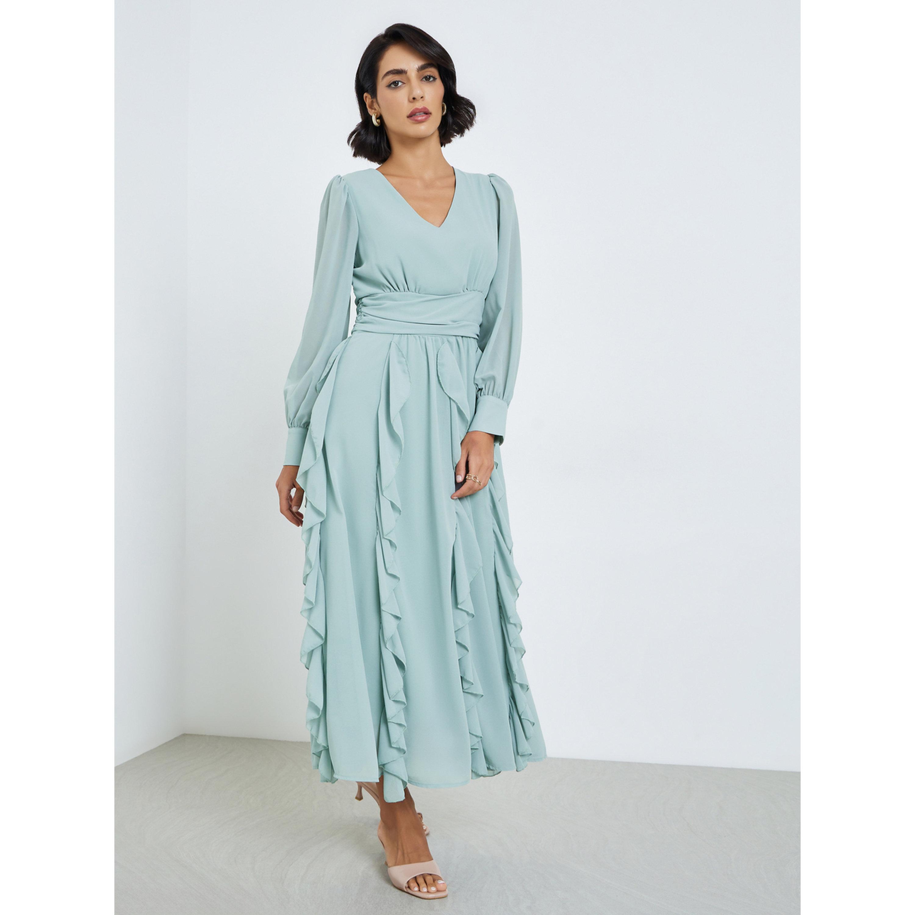 فستان ميدي نسائي بتفاصيل كشكشة وحافة واسعة-women-clothing-dresses-image-1