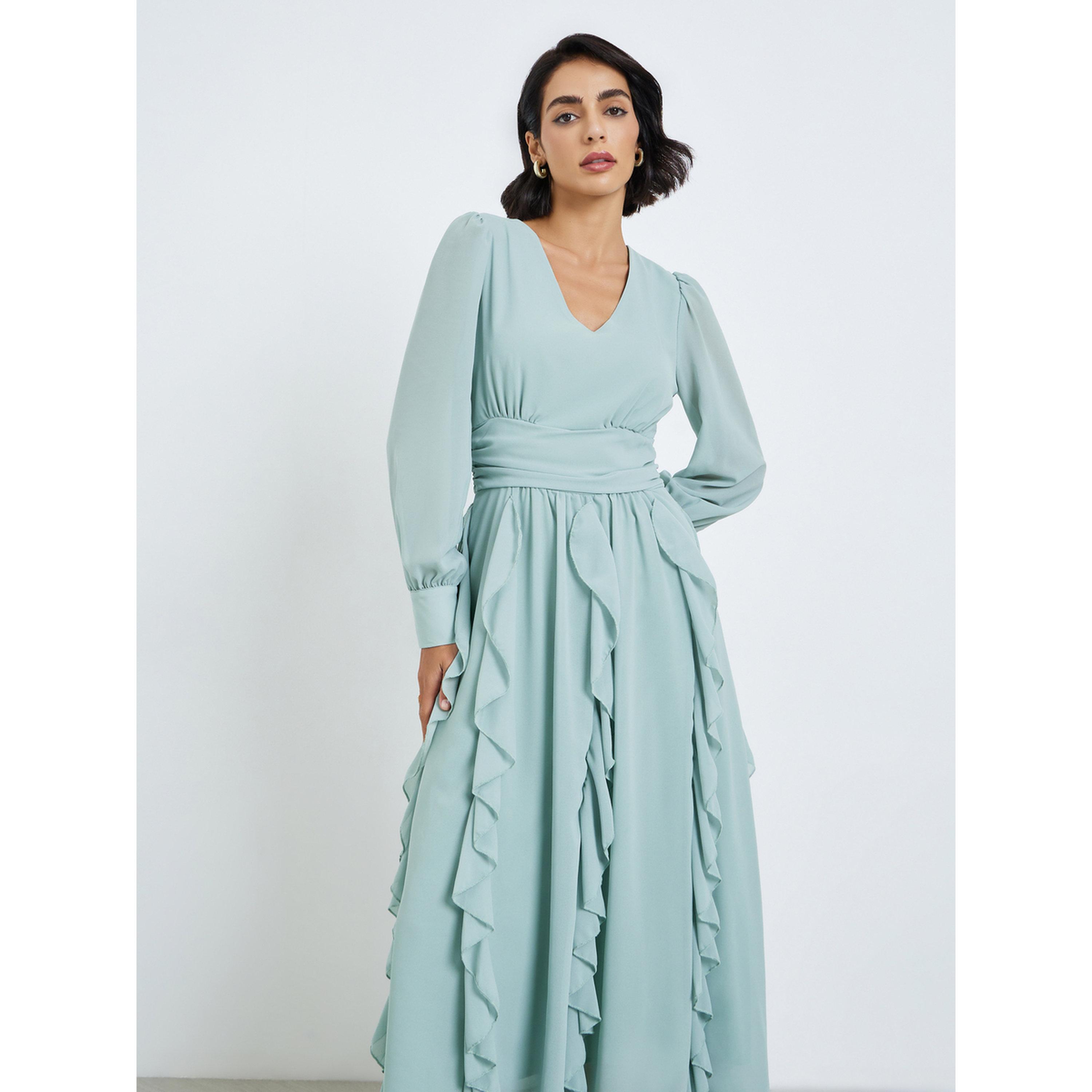 فستان ميدي نسائي بتفاصيل كشكشة وحافة واسعة-women-clothing-dresses-image-2