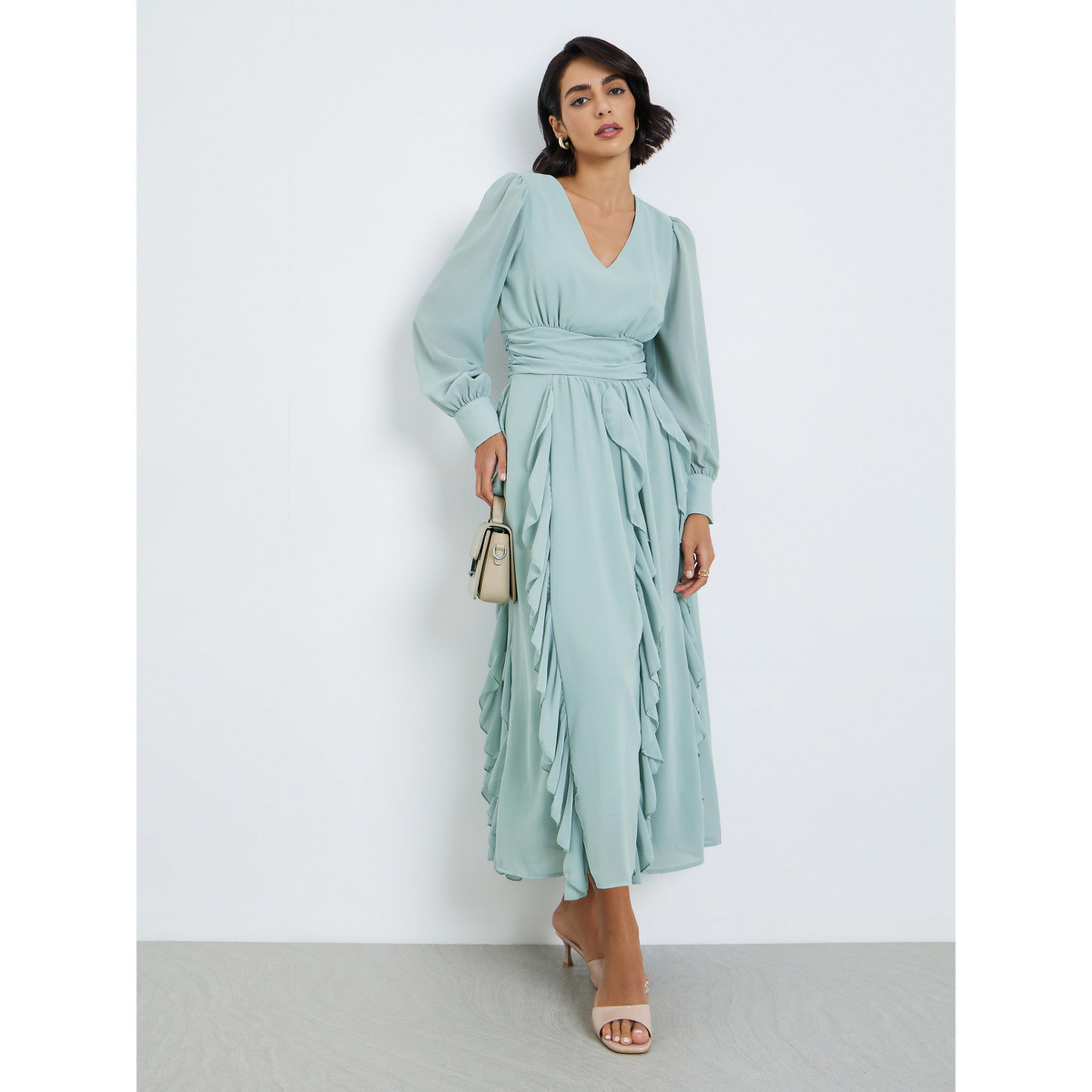 فستان ميدي نسائي بتفاصيل كشكشة وحافة واسعة-women-clothing-dresses-image-3