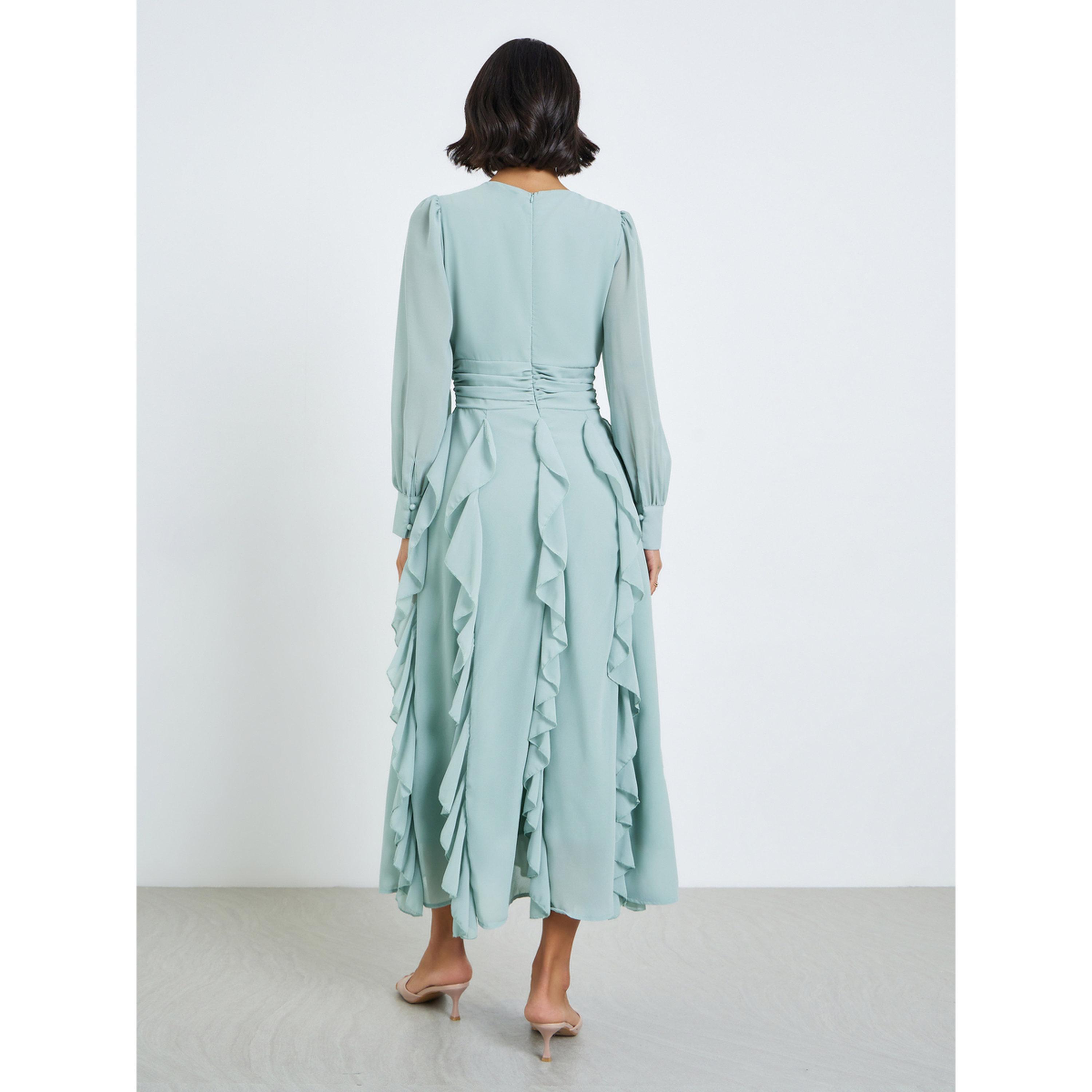 فستان ميدي نسائي بتفاصيل كشكشة وحافة واسعة-women-clothing-dresses-image-4