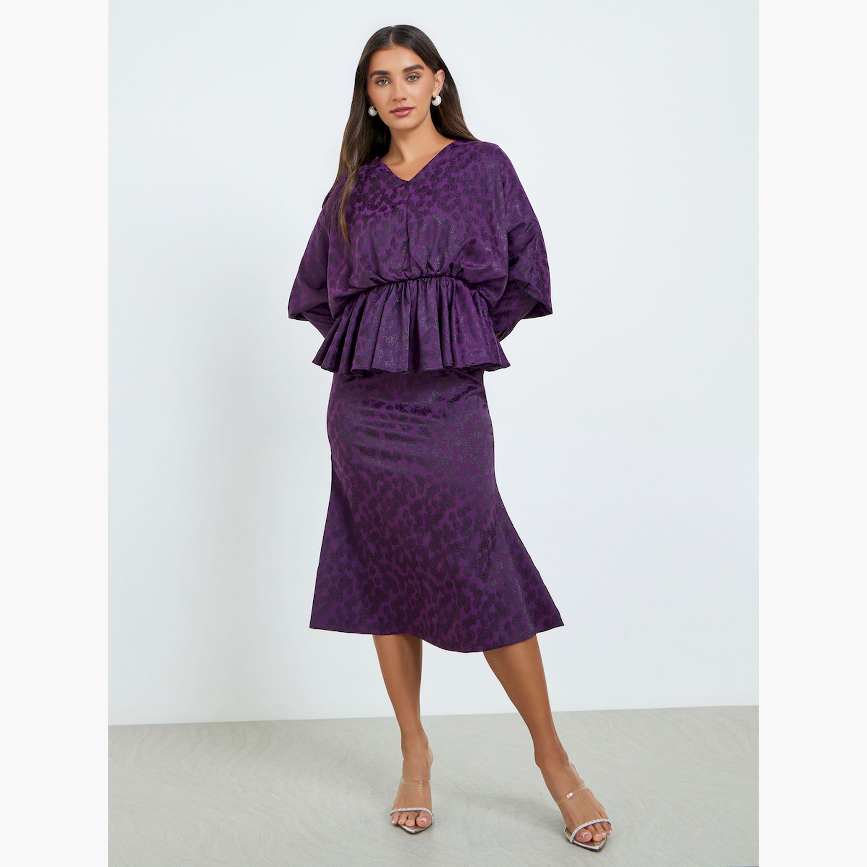 Styli Women Purple Floral Batwing Sleeves Sheath Midi Dress-women-clothing-dresses-image-1