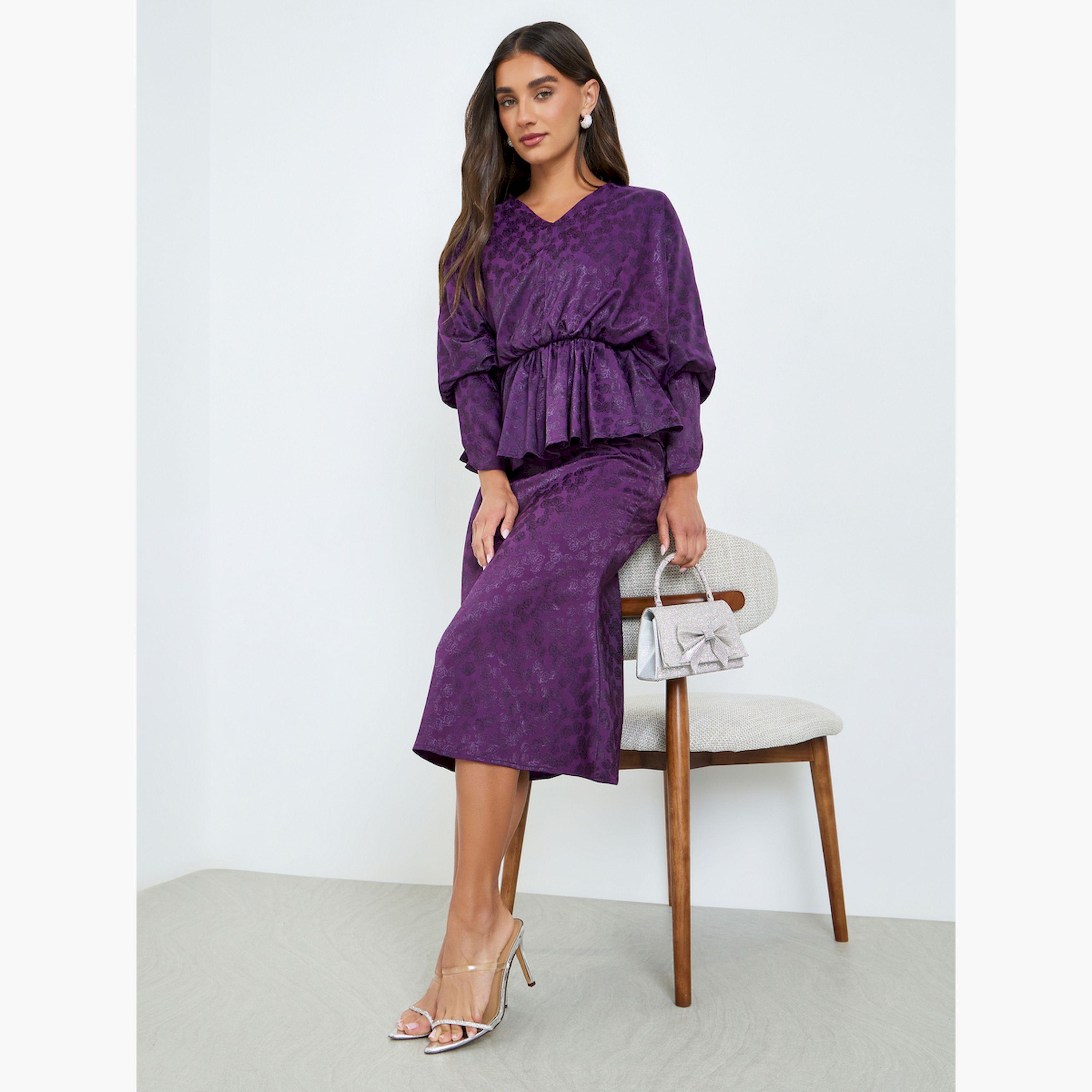 Styli Women Purple Floral Batwing Sleeves Sheath Midi Dress-women-clothing-dresses-image-2