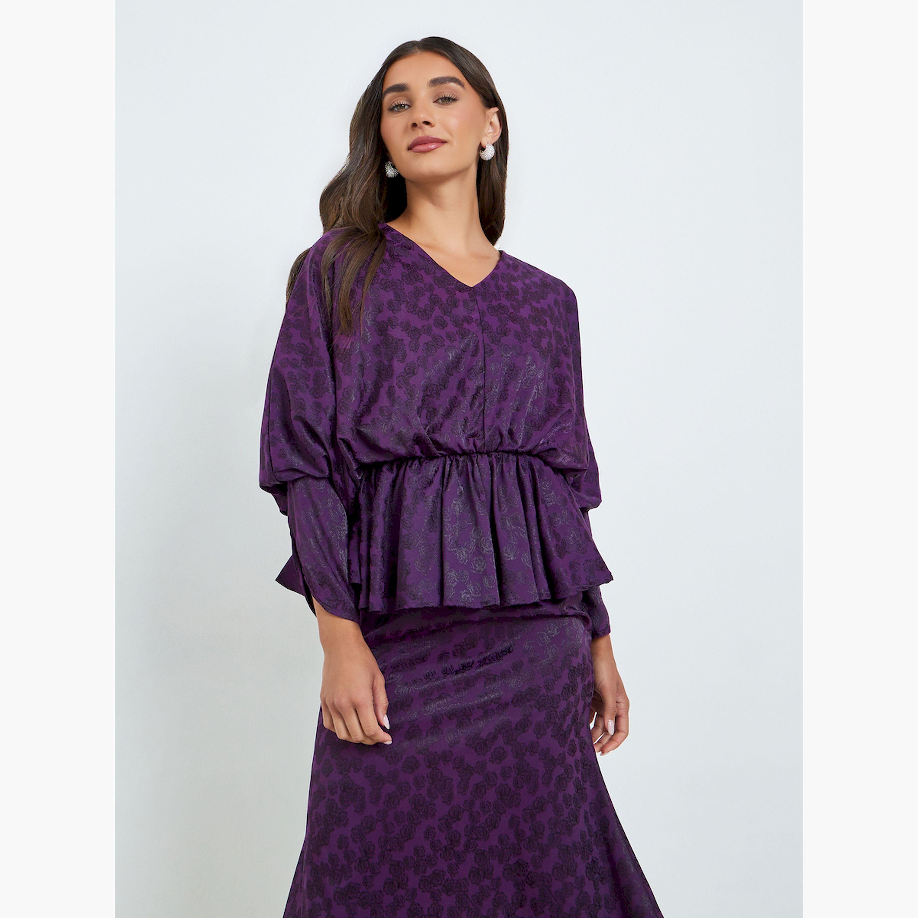 Styli Women Purple Floral Batwing Sleeves Sheath Midi Dress-women-clothing-dresses-image-3