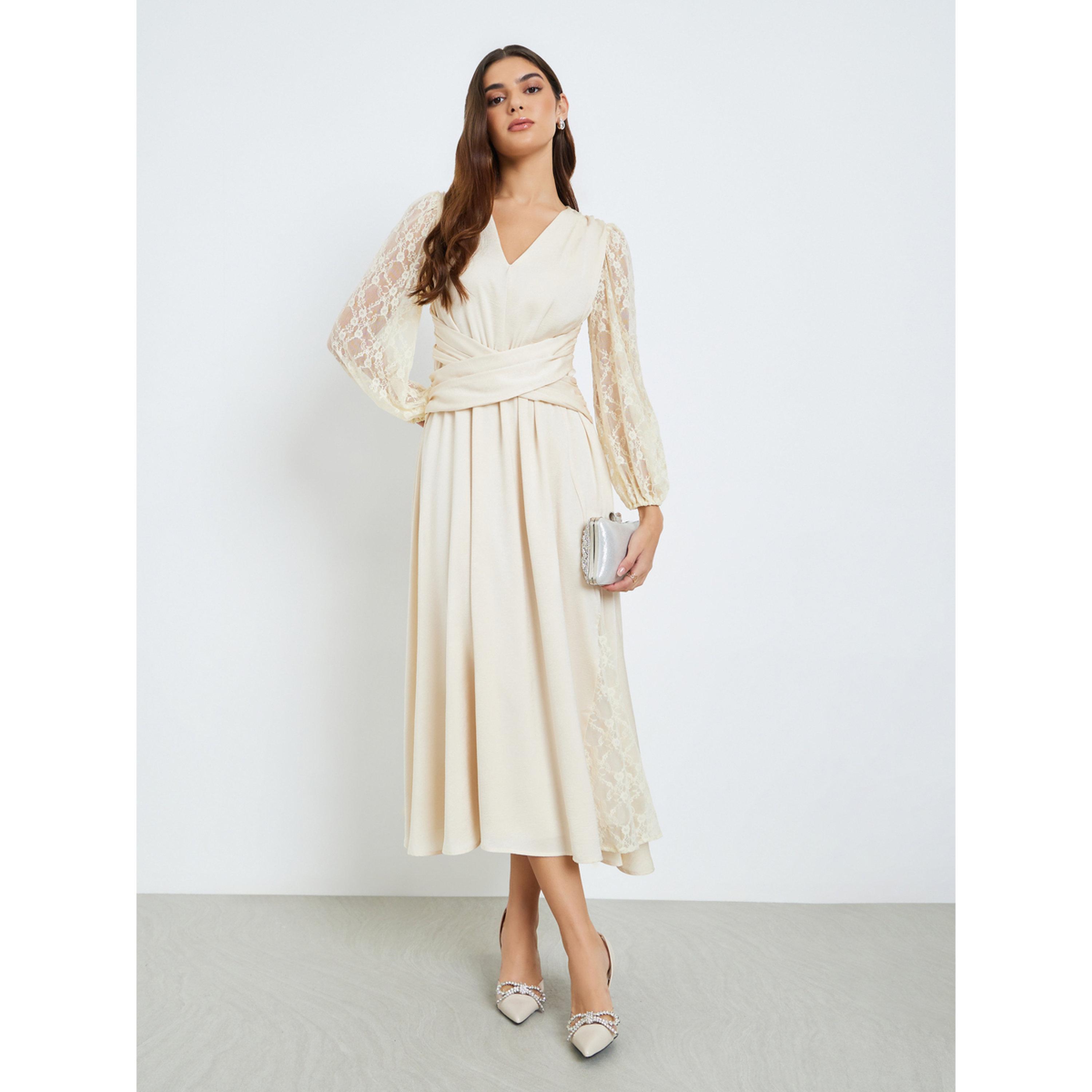 Styli Women Cream Lace Sleeves A-Line Midi Dress-women-clothing-dresses-image-1