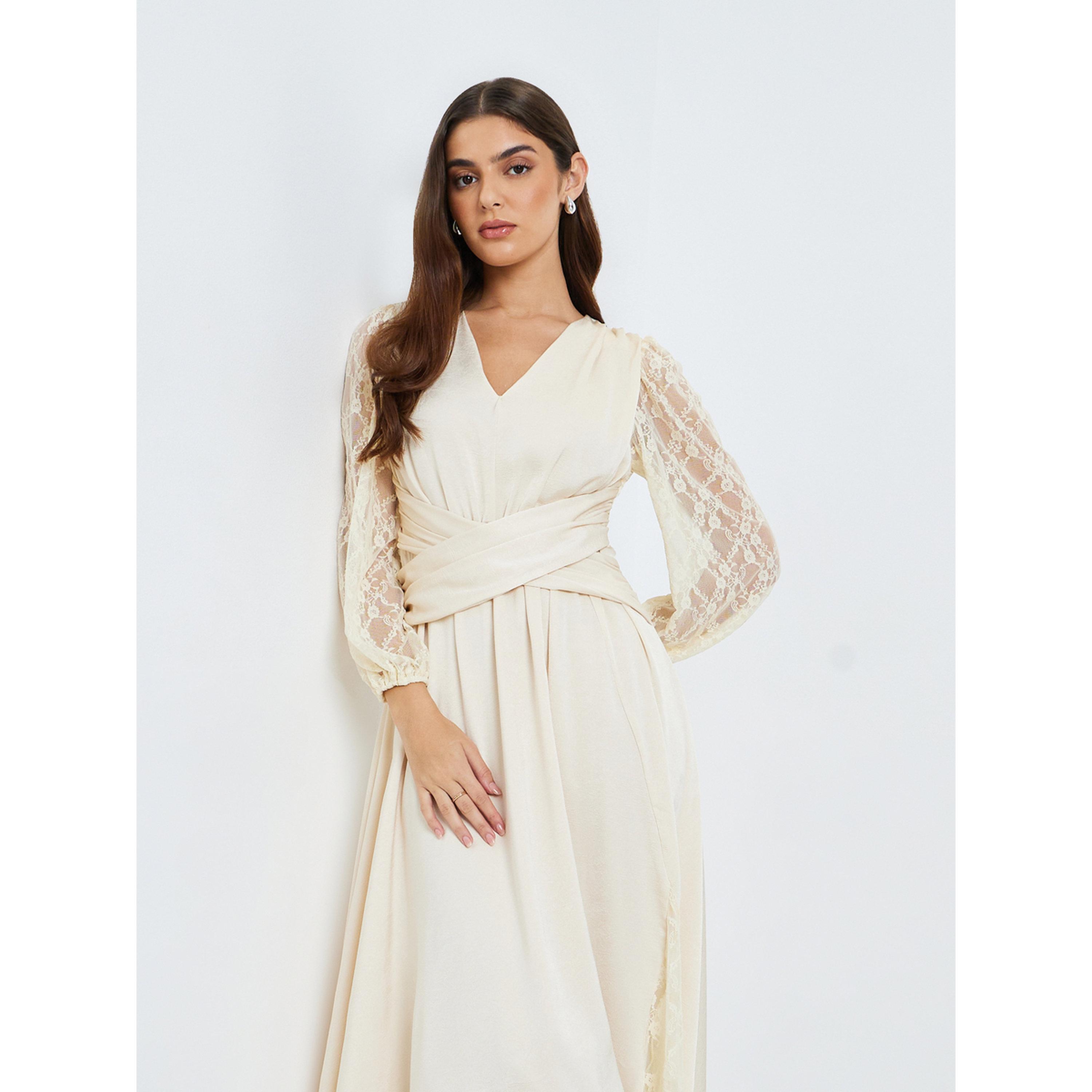 Styli Women Cream Lace Sleeves A-Line Midi Dress-women-clothing-dresses-image-2