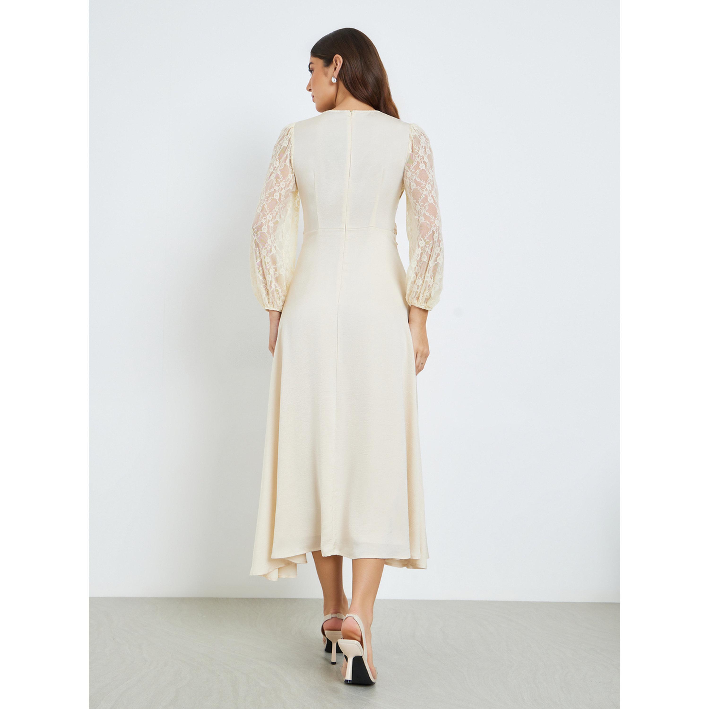 فستان ميدي نسائي بأكمام دانتيل وحافة واسعة-women-clothing-dresses-image-3