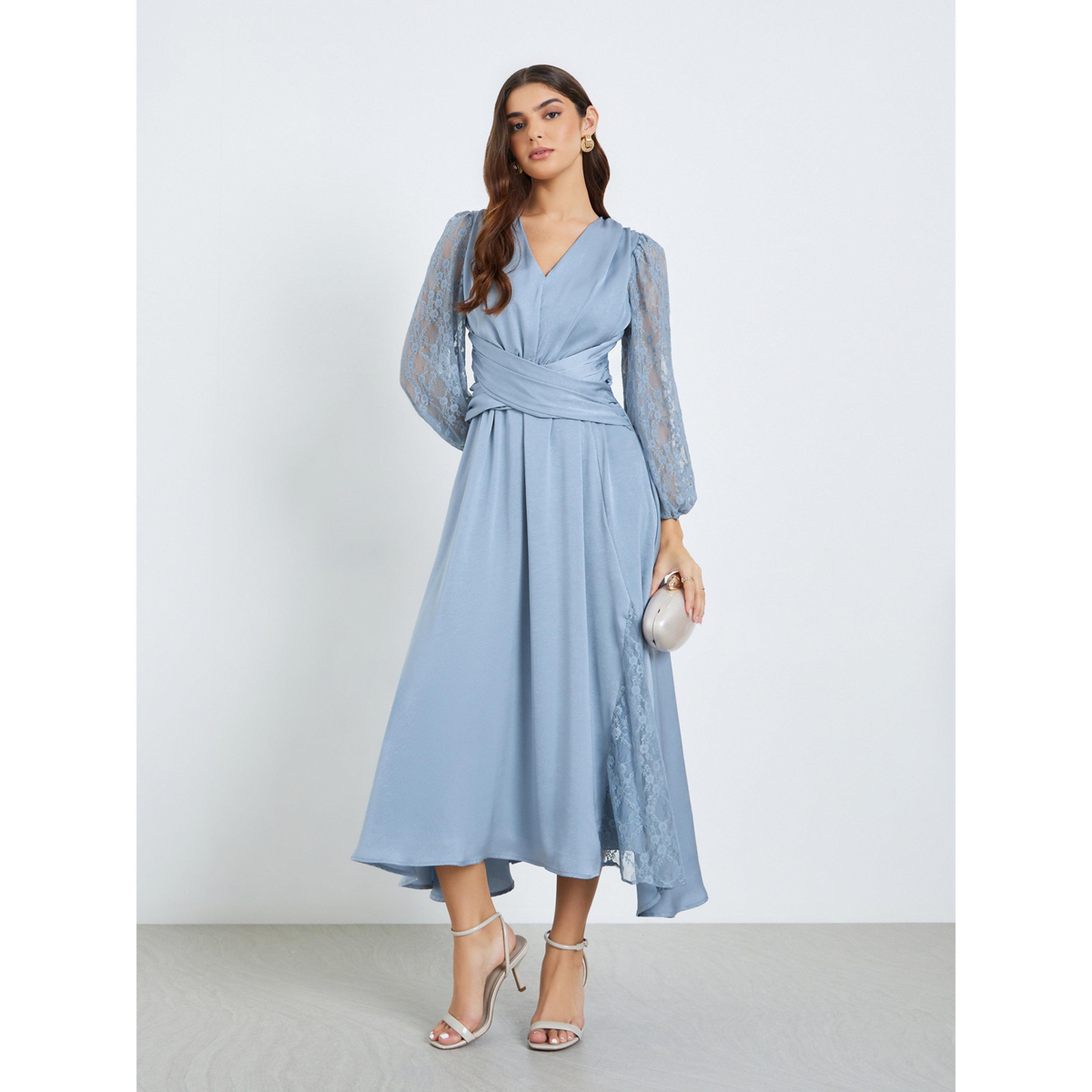 Styli Women Blue Lace Sleeves A-Line Midi Dress-women-clothing-dresses-image-1