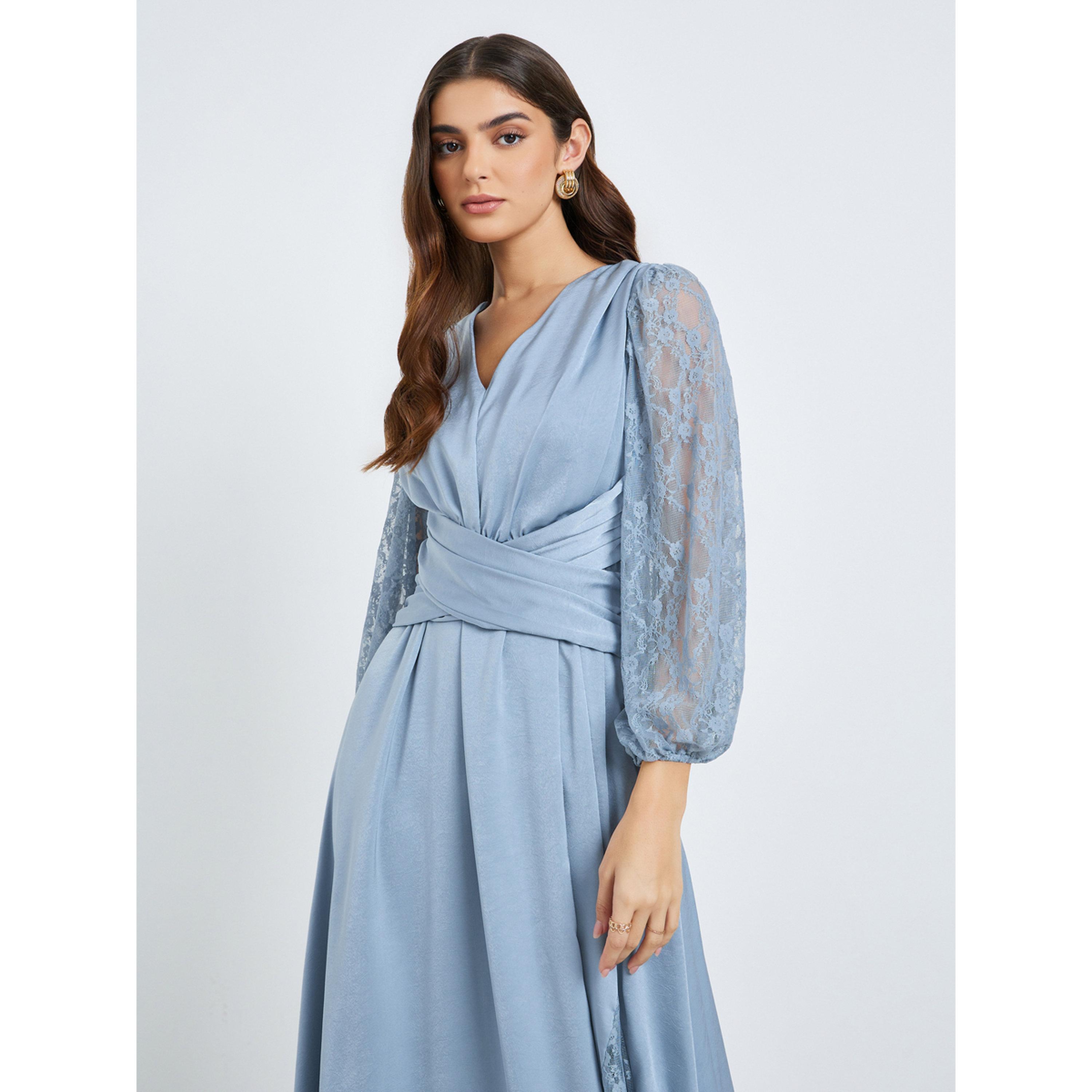 فستان ميدي نسائي بأكمام دانتيل وحافة واسعة-women-clothing-dresses-image-2