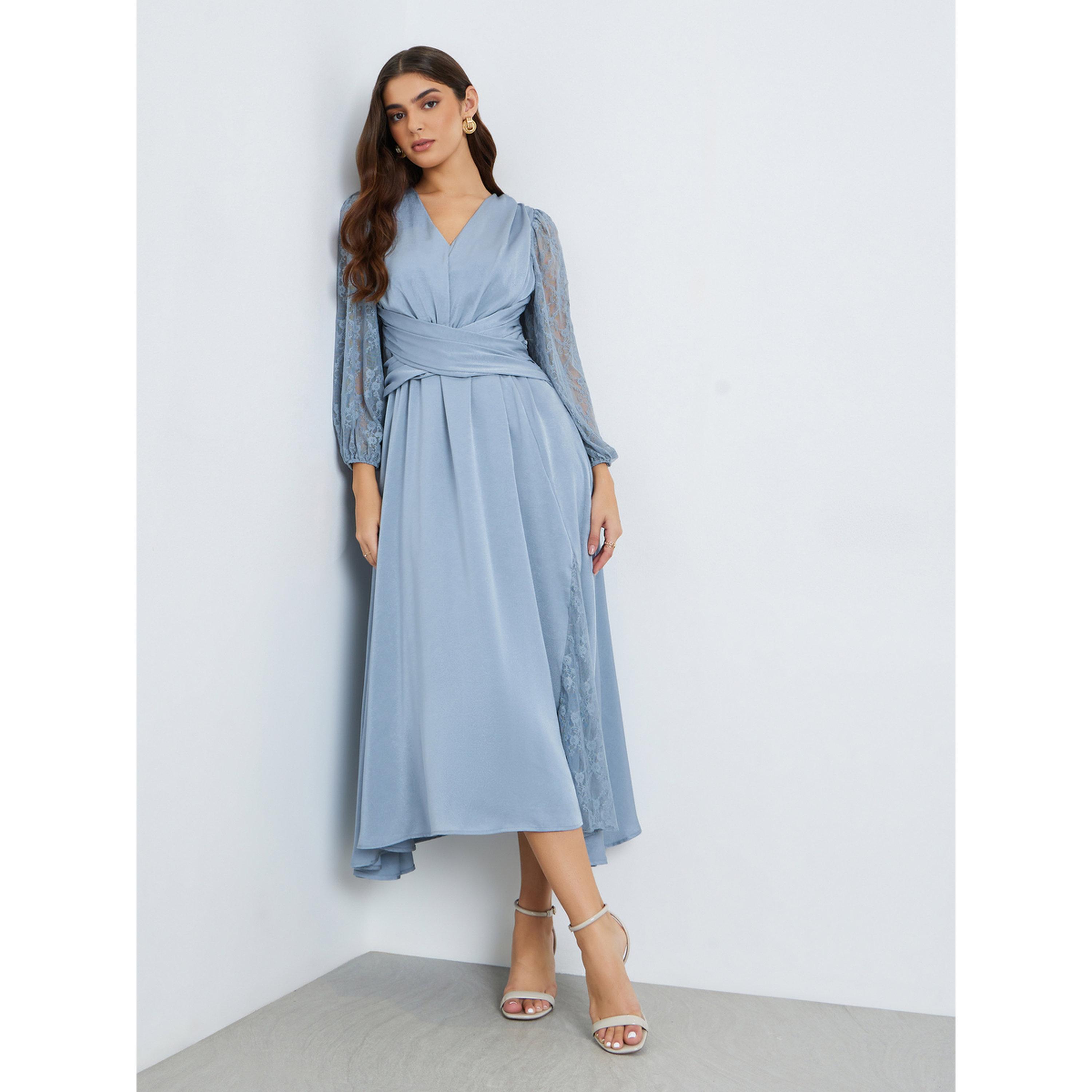فستان ميدي نسائي بأكمام دانتيل وحافة واسعة-women-clothing-dresses-image-3