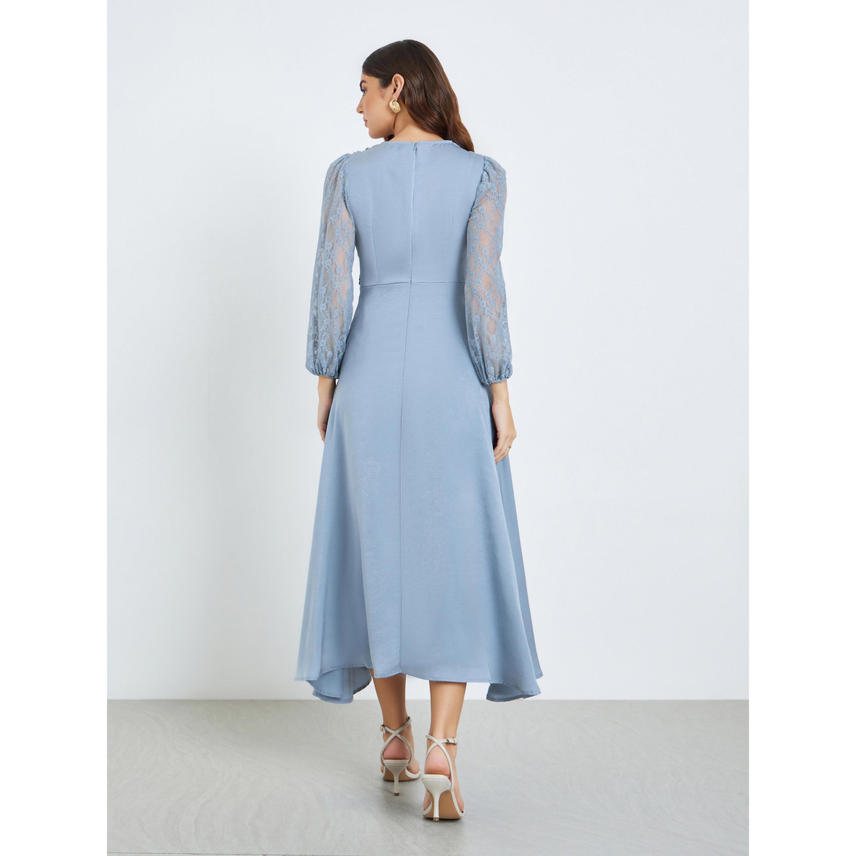 Styli Women Blue Lace Sleeves A-Line Midi Dress-women-clothing-dresses-image-4