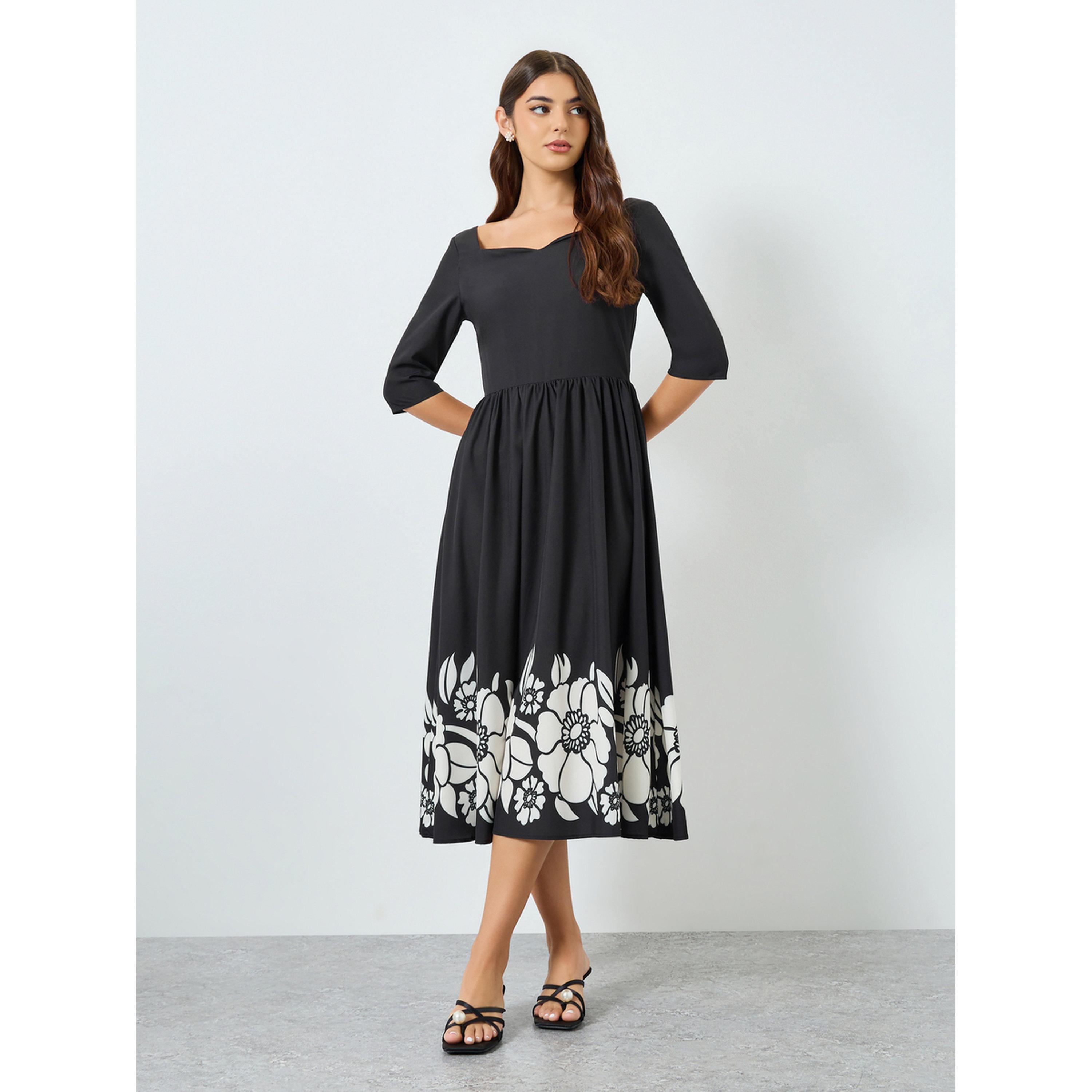 Styli Women Black Floral Print A-Line Midi Dress-women-clothing-dresses-image-1