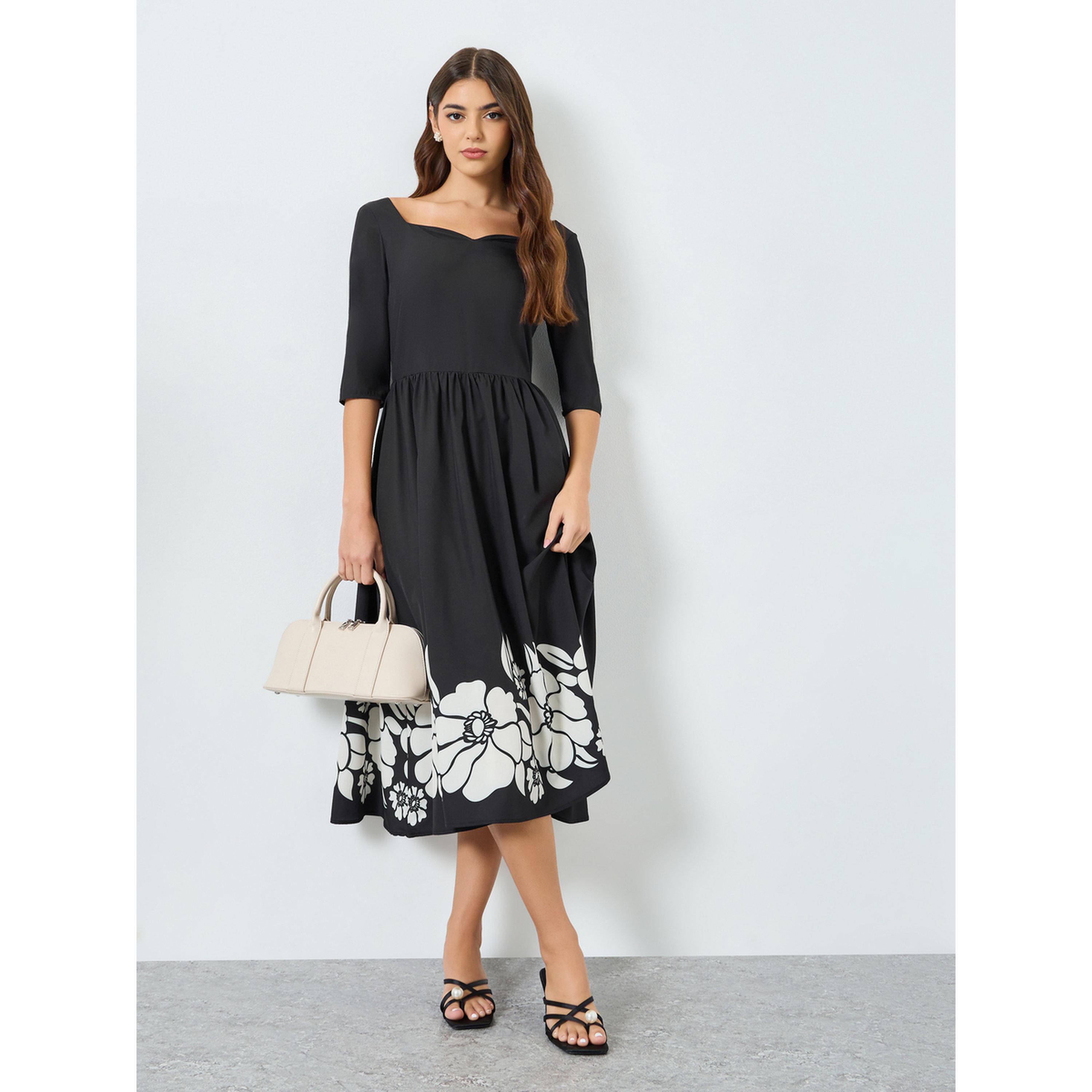 Styli Women Black Floral Print A-Line Midi Dress-women-clothing-dresses-image-2
