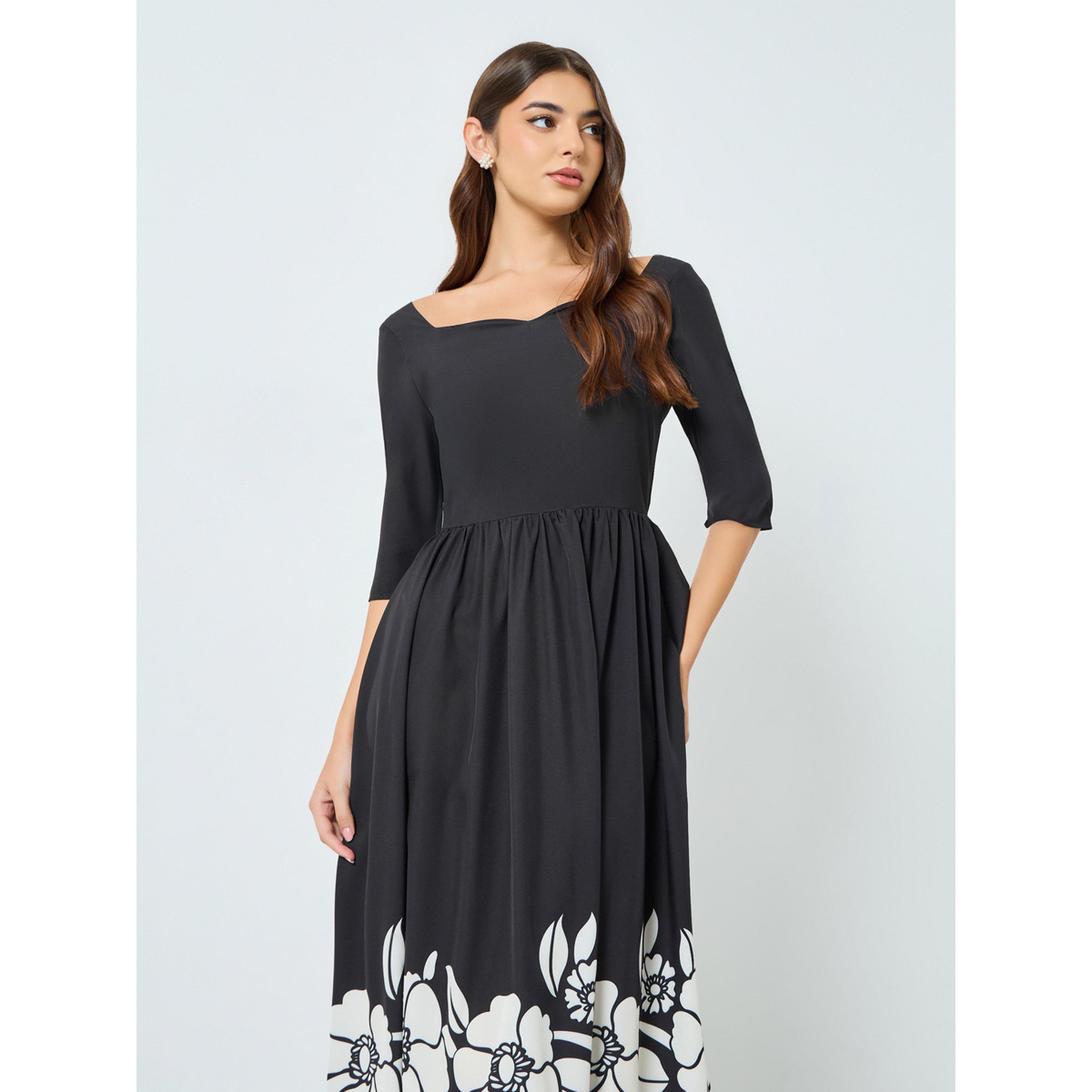 Styli Women Black Floral Print A-Line Midi Dress-women-clothing-dresses-image-3
