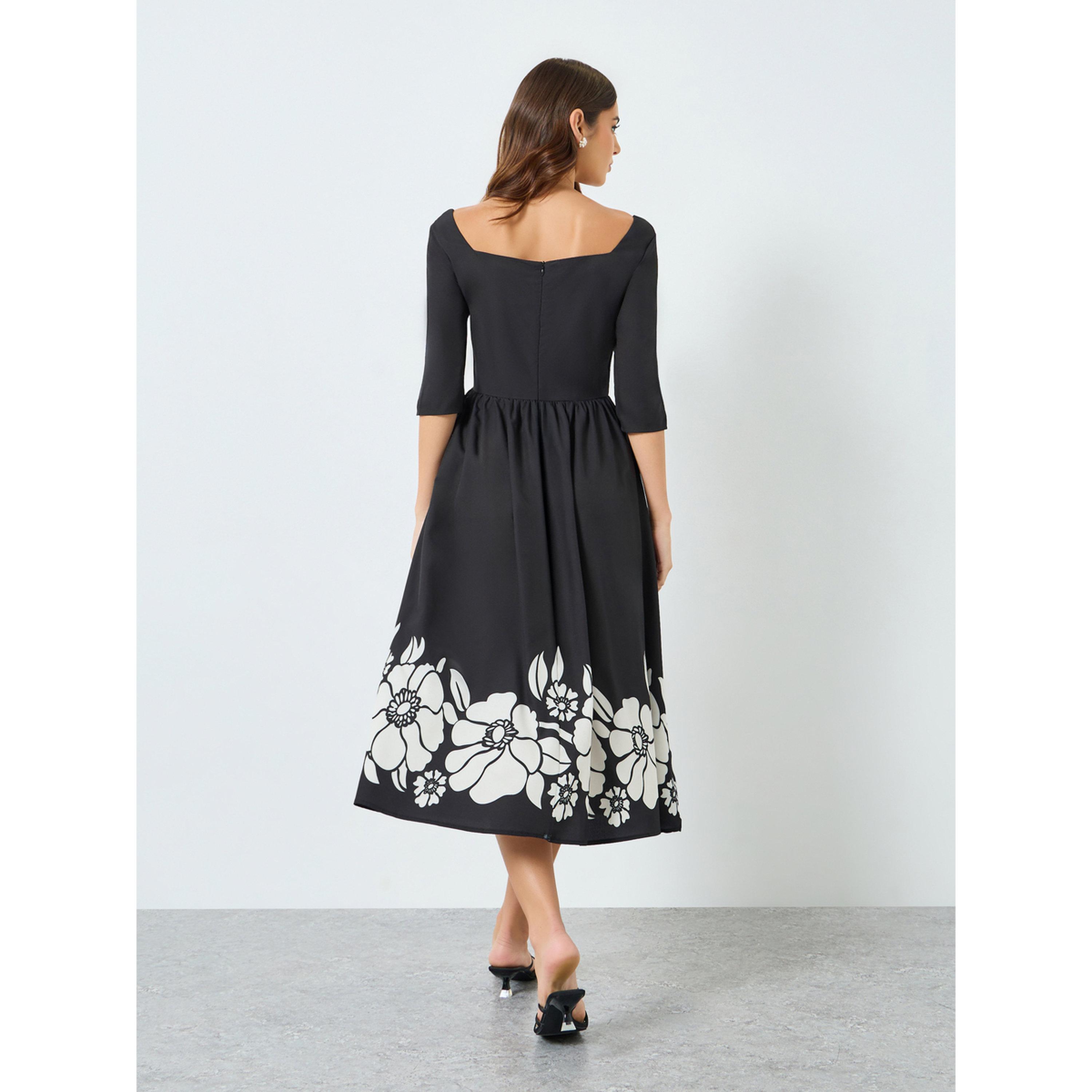 Styli Women Black Floral Print A-Line Midi Dress-women-clothing-dresses-image-4