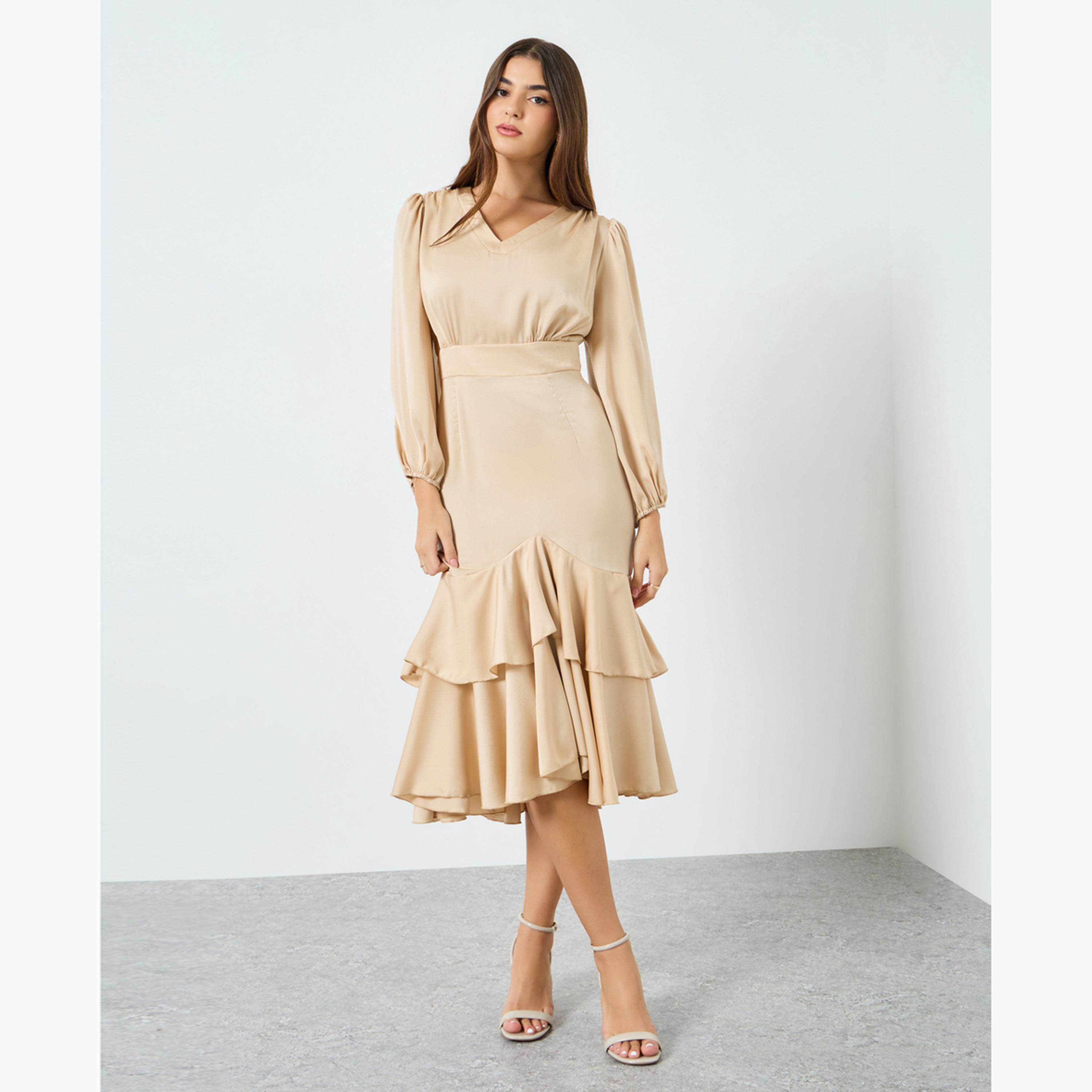 Styli Women Beige Satin Ruffled Hem Midi Dress-women-clothing-dresses-image-1