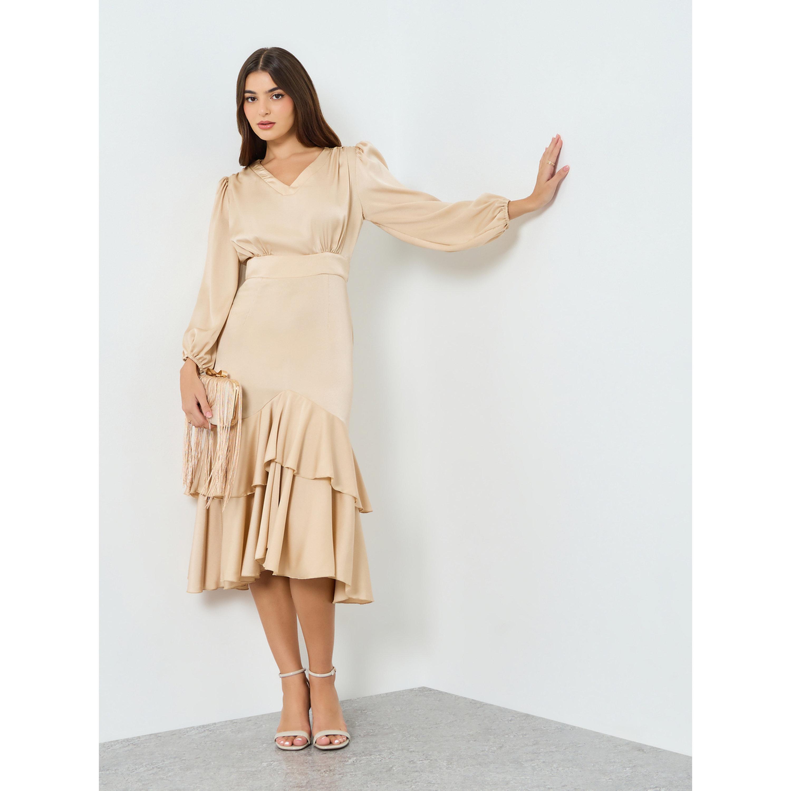Styli Women Beige Satin Ruffled Hem Midi Dress-women-clothing-dresses-image-2
