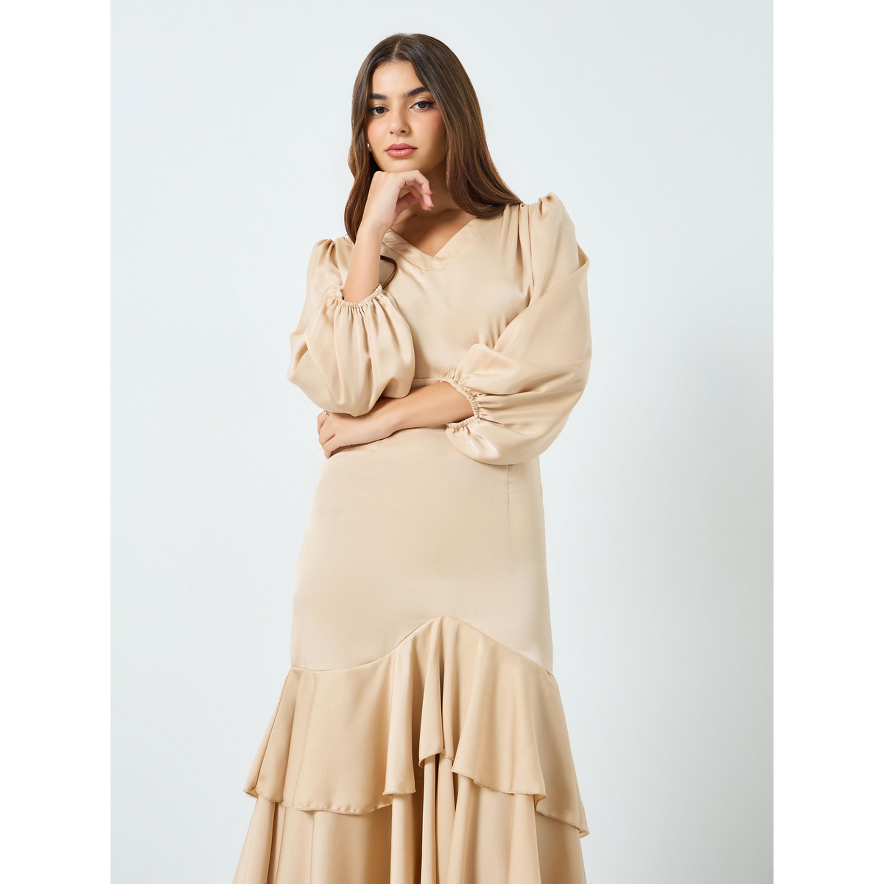 Styli Women Beige Satin Ruffled Hem Midi Dress-women-clothing-dresses-image-3