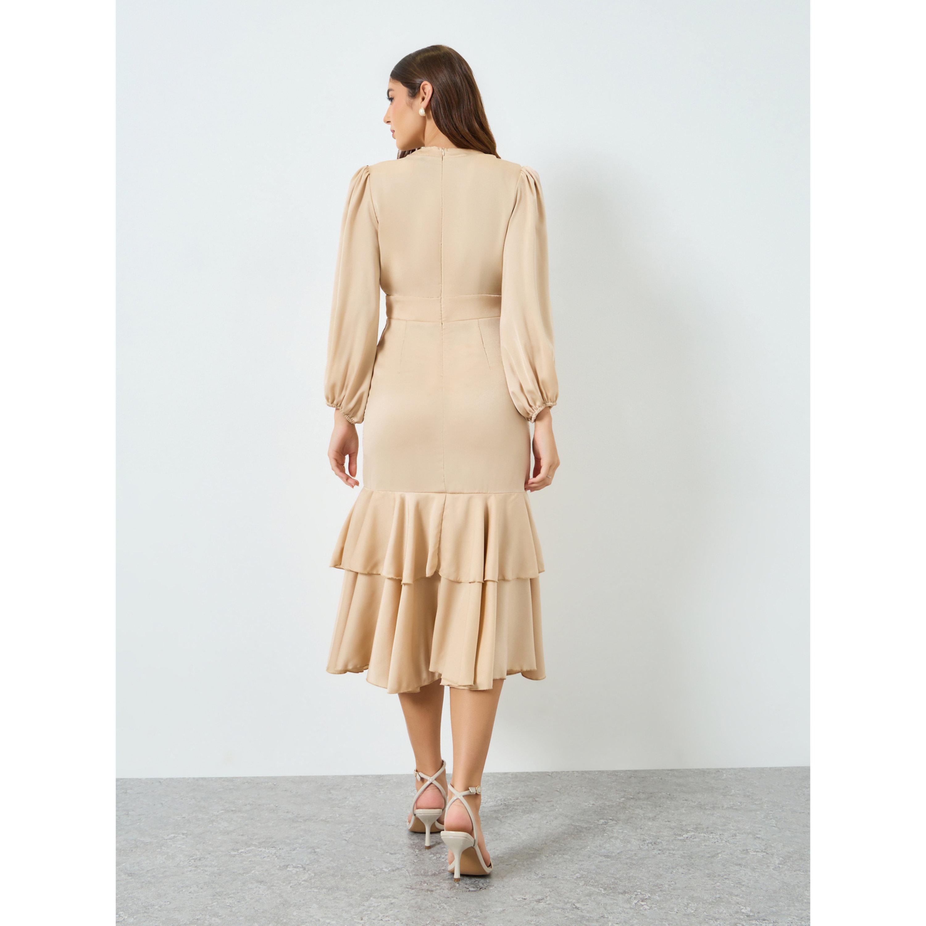 Styli Women Beige Satin Ruffled Hem Midi Dress-women-clothing-dresses-image-4
