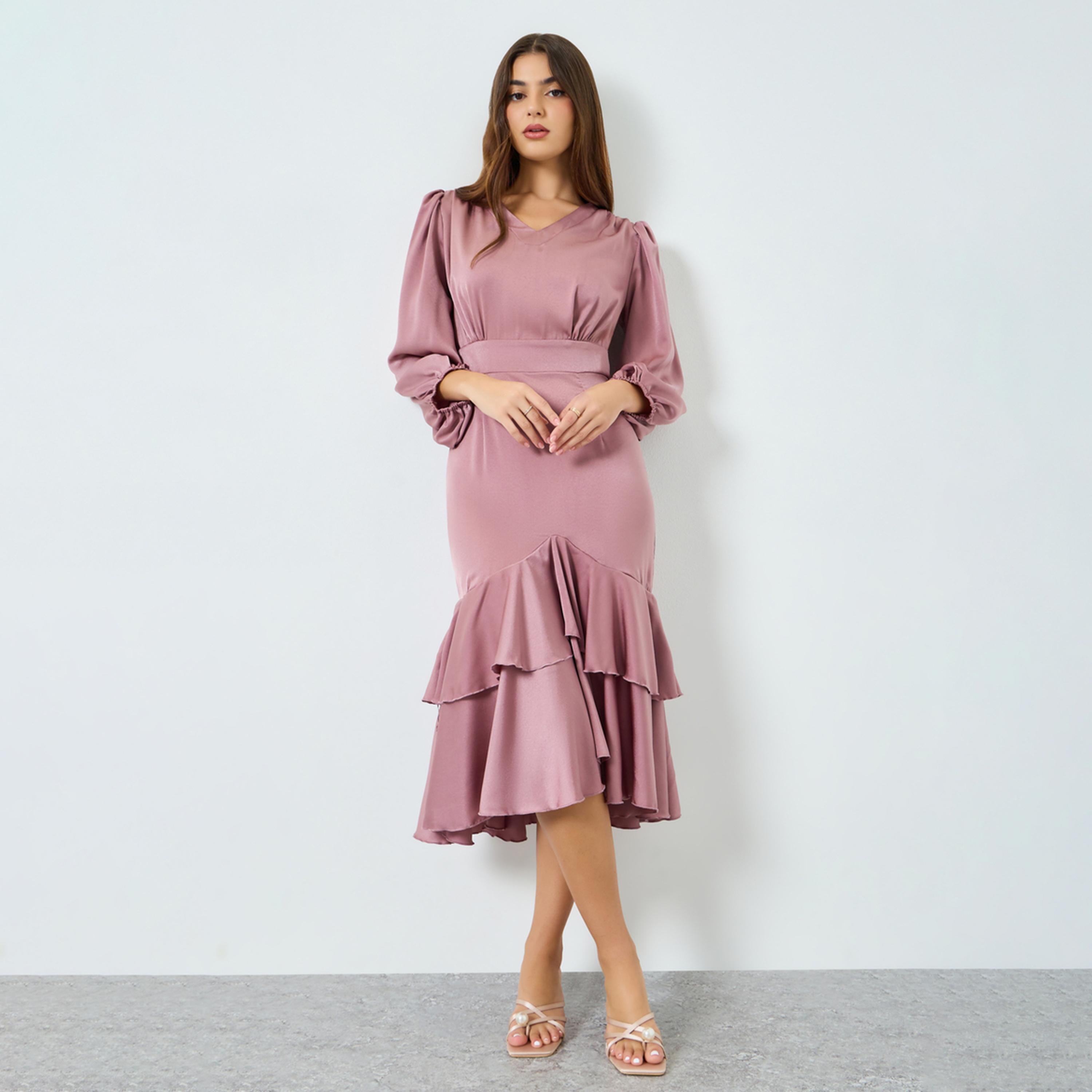Styli Women Pink Satin Ruffled Hem Midi Dress-women-clothing-dresses-image-1