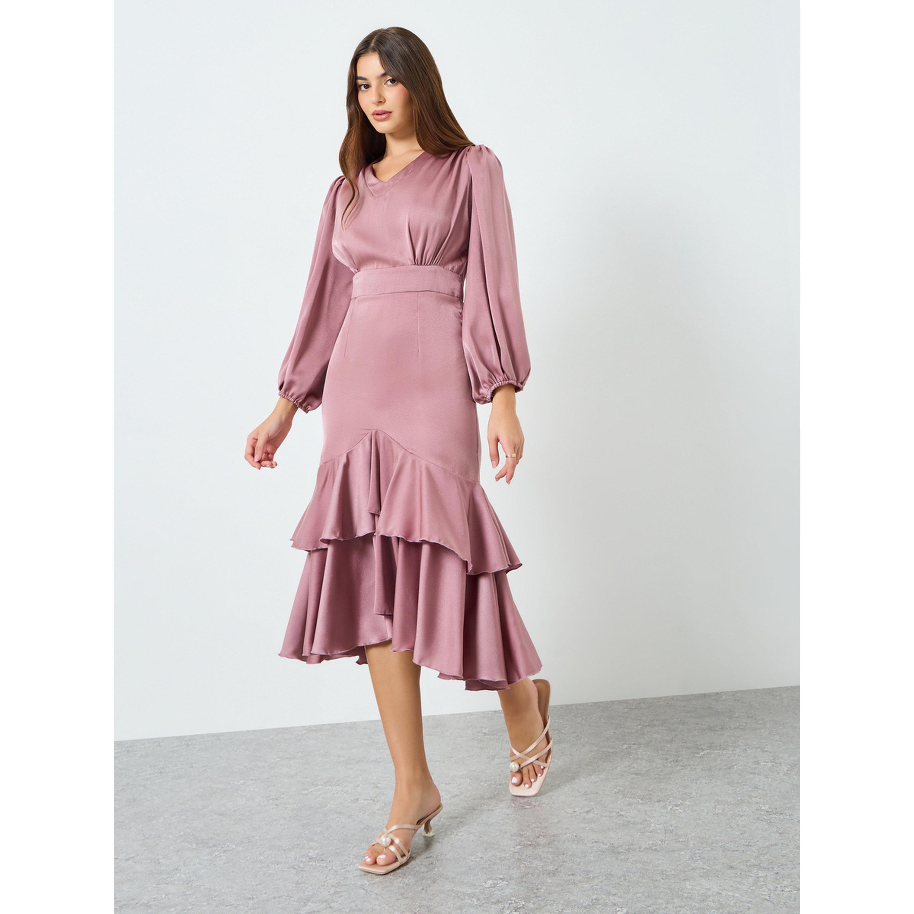 Styli Women Pink Satin Ruffled Hem Midi Dress-women-clothing-dresses-image-2