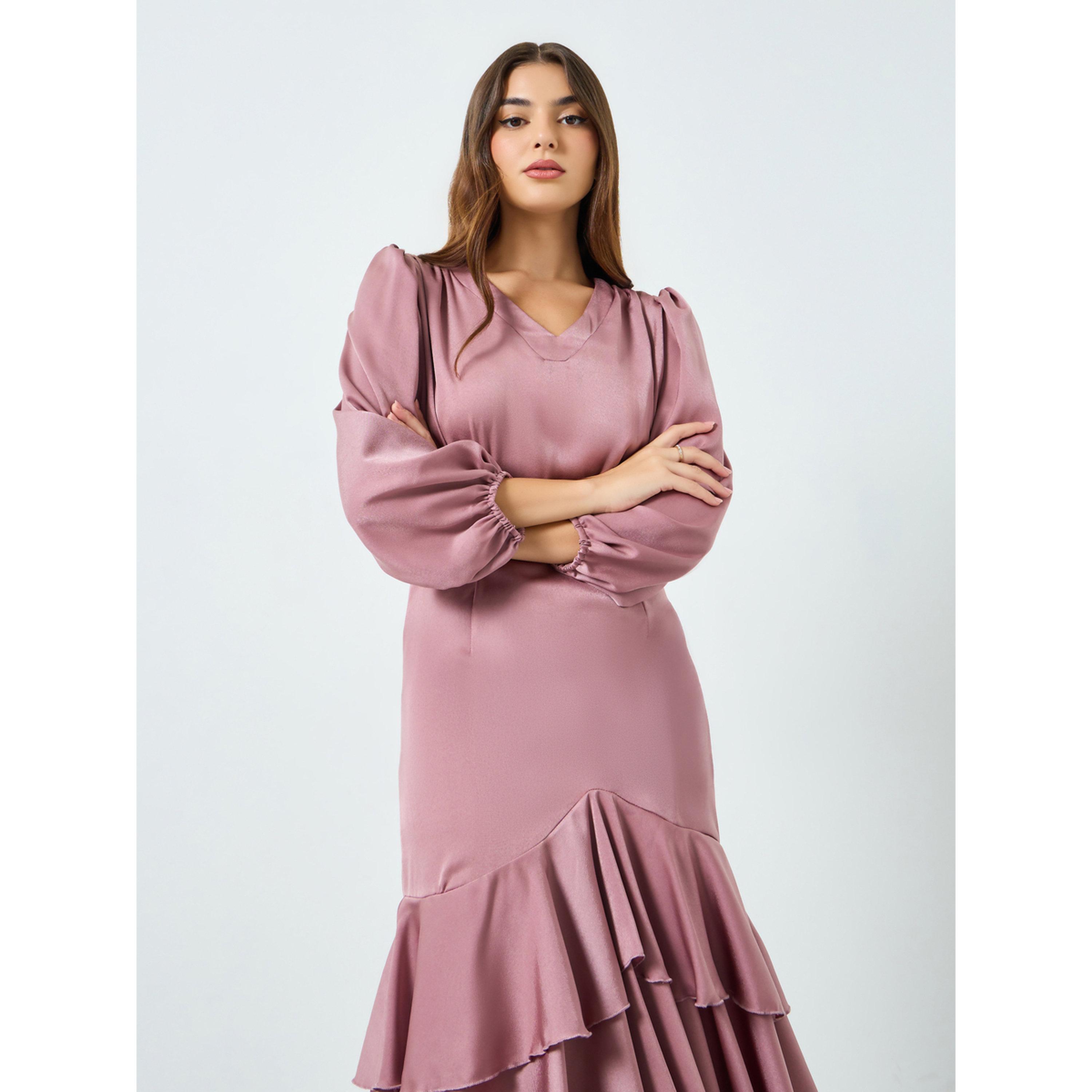Styli Women Pink Satin Ruffled Hem Midi Dress-women-clothing-dresses-image-3