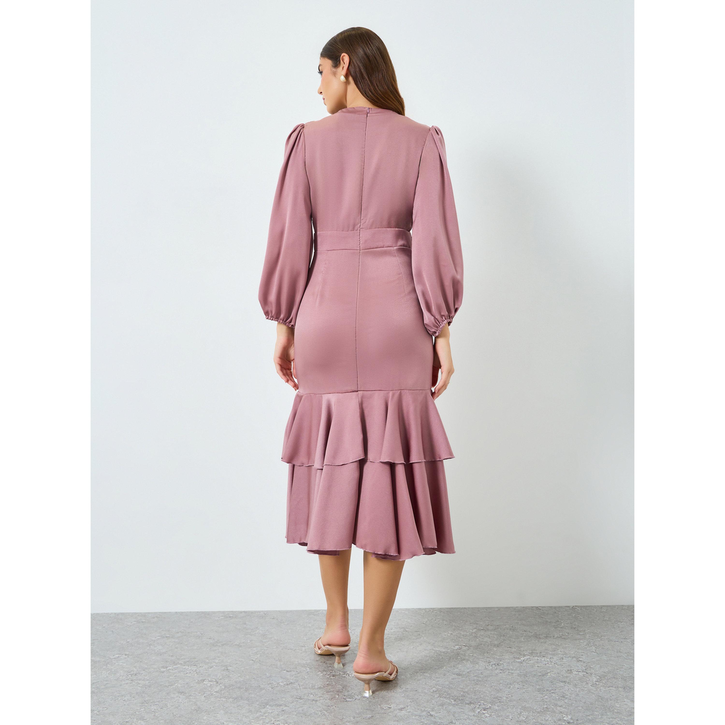 Styli Women Pink Satin Ruffled Hem Midi Dress-women-clothing-dresses-image-4