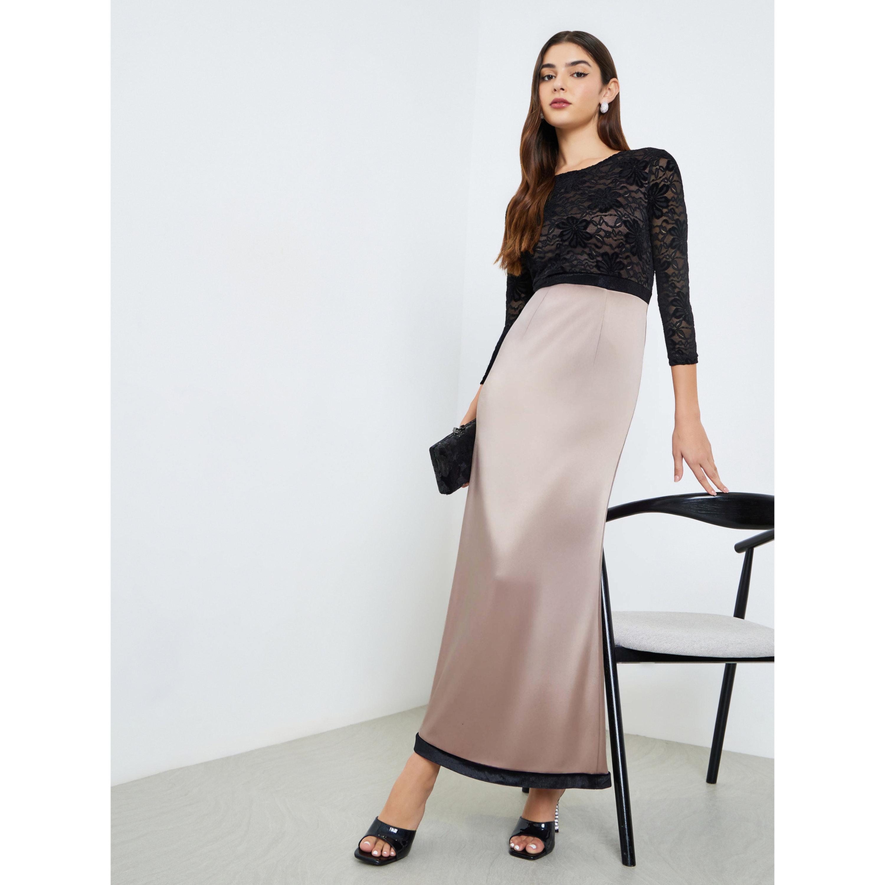 Styli Women Satin Lace 3/4 Sleeves A-Line Maxi Dress-women-clothing-dresses-image-3