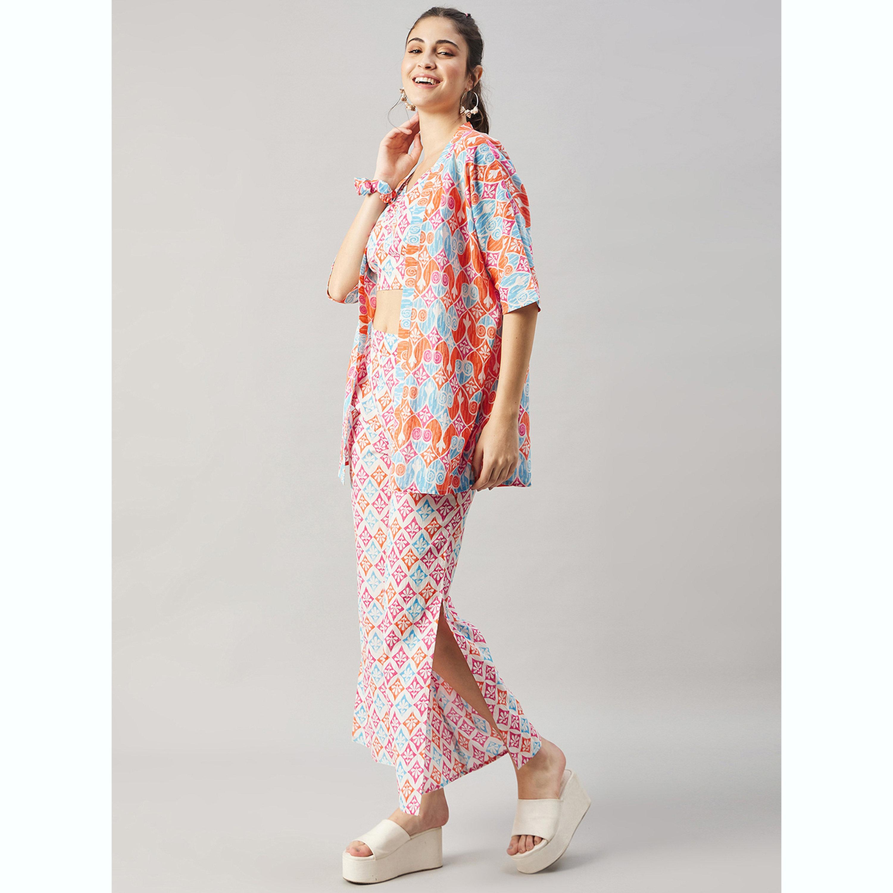 طقم منسق من بنطال وبلوزة مع كامي بطبعة هندسية-women-clothing-coordsets-image-2