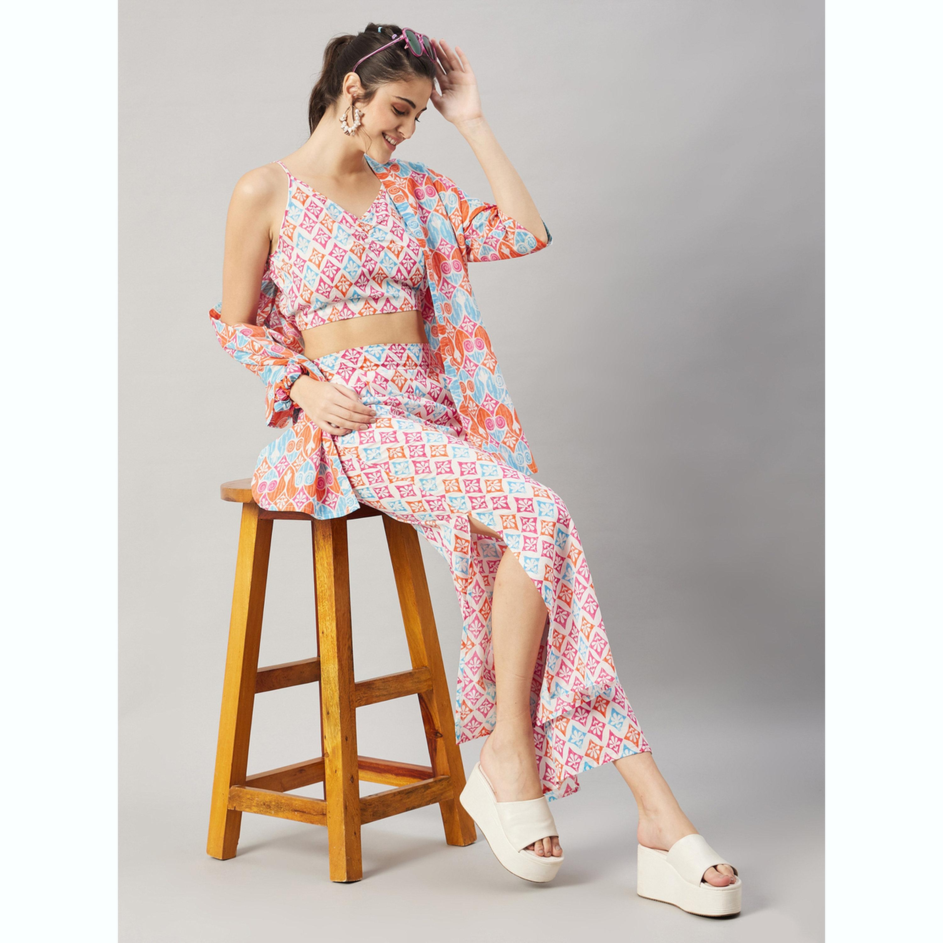 طقم منسق من بنطال وبلوزة مع كامي بطبعة هندسية-women-clothing-coordsets-image-3