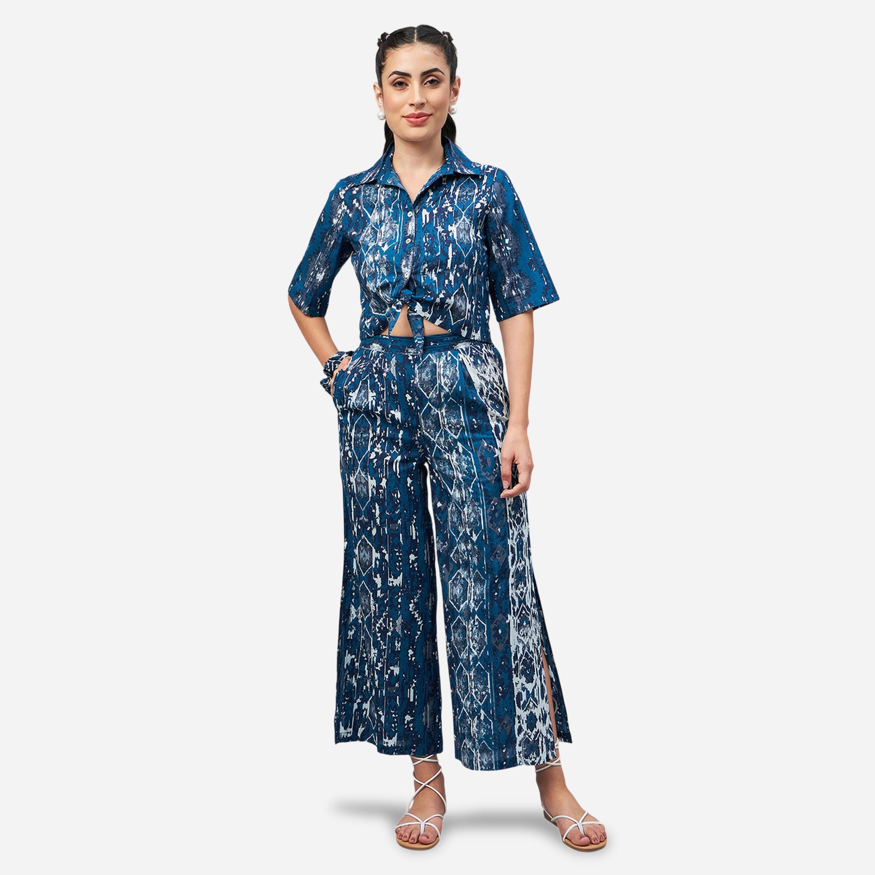 طقم منسق من بنطال واسع وبلوزة قصيرة مع ربطة سكرانشي-women-clothing-coordsets-image-1