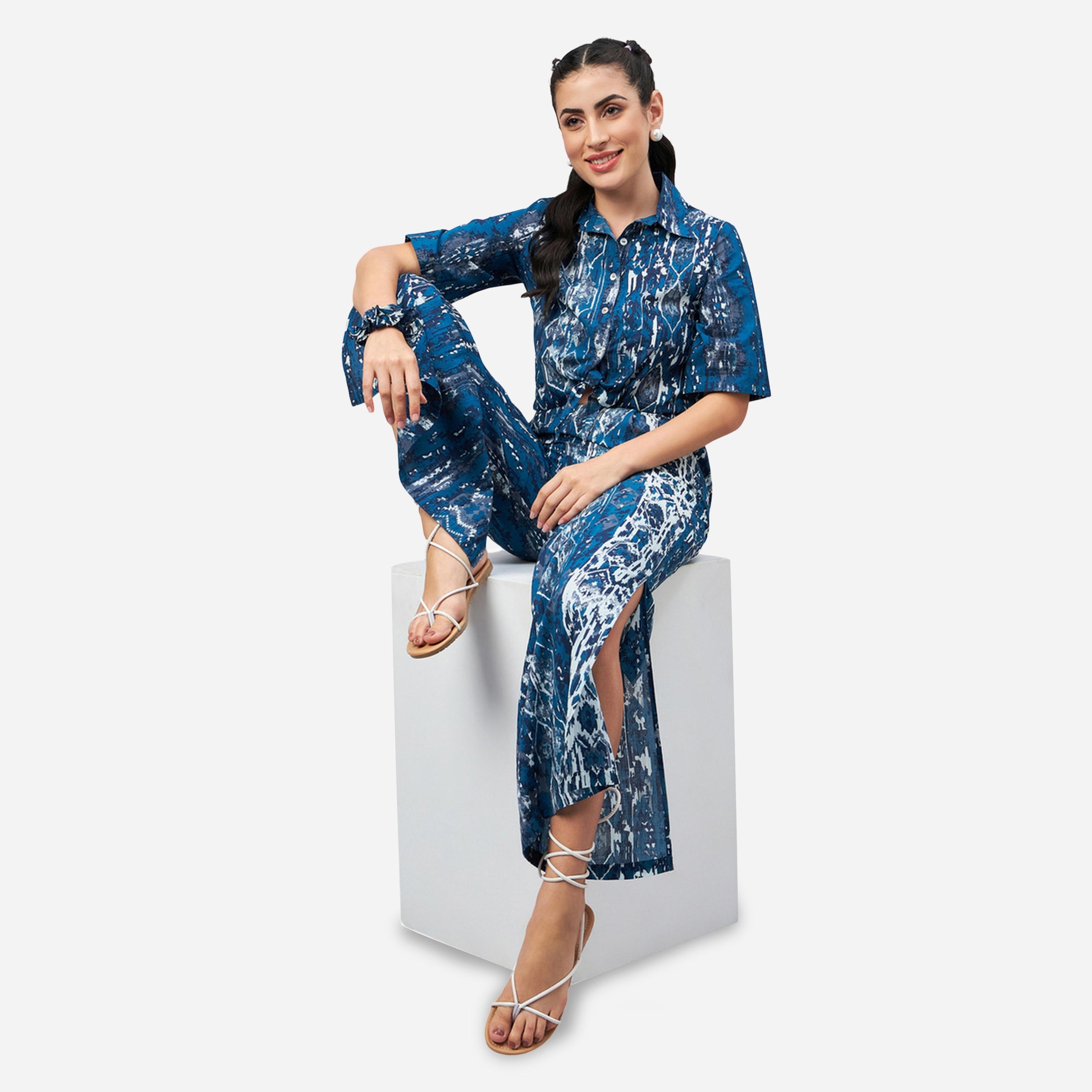 طقم منسق من بنطال واسع وبلوزة قصيرة مع ربطة سكرانشي-women-clothing-coordsets-image-3