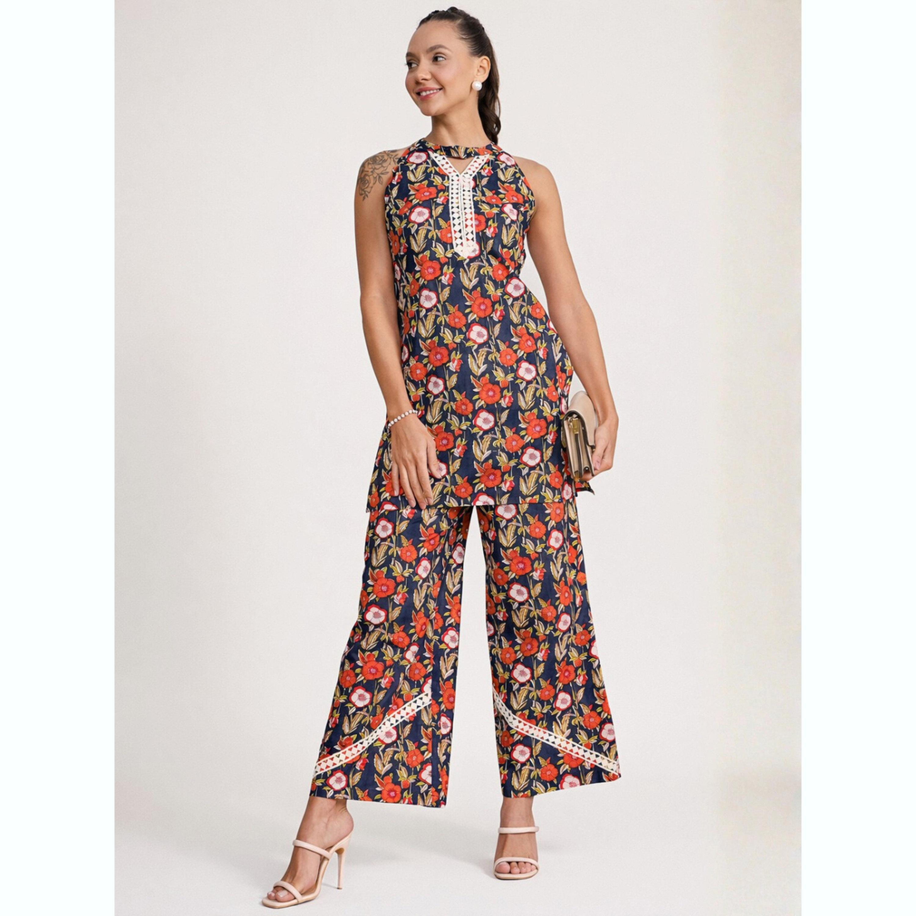 طقم منسق بلوزة بياقة هولتر وبنطال بطبعة أزهار-women-clothing-coordsets-image-1