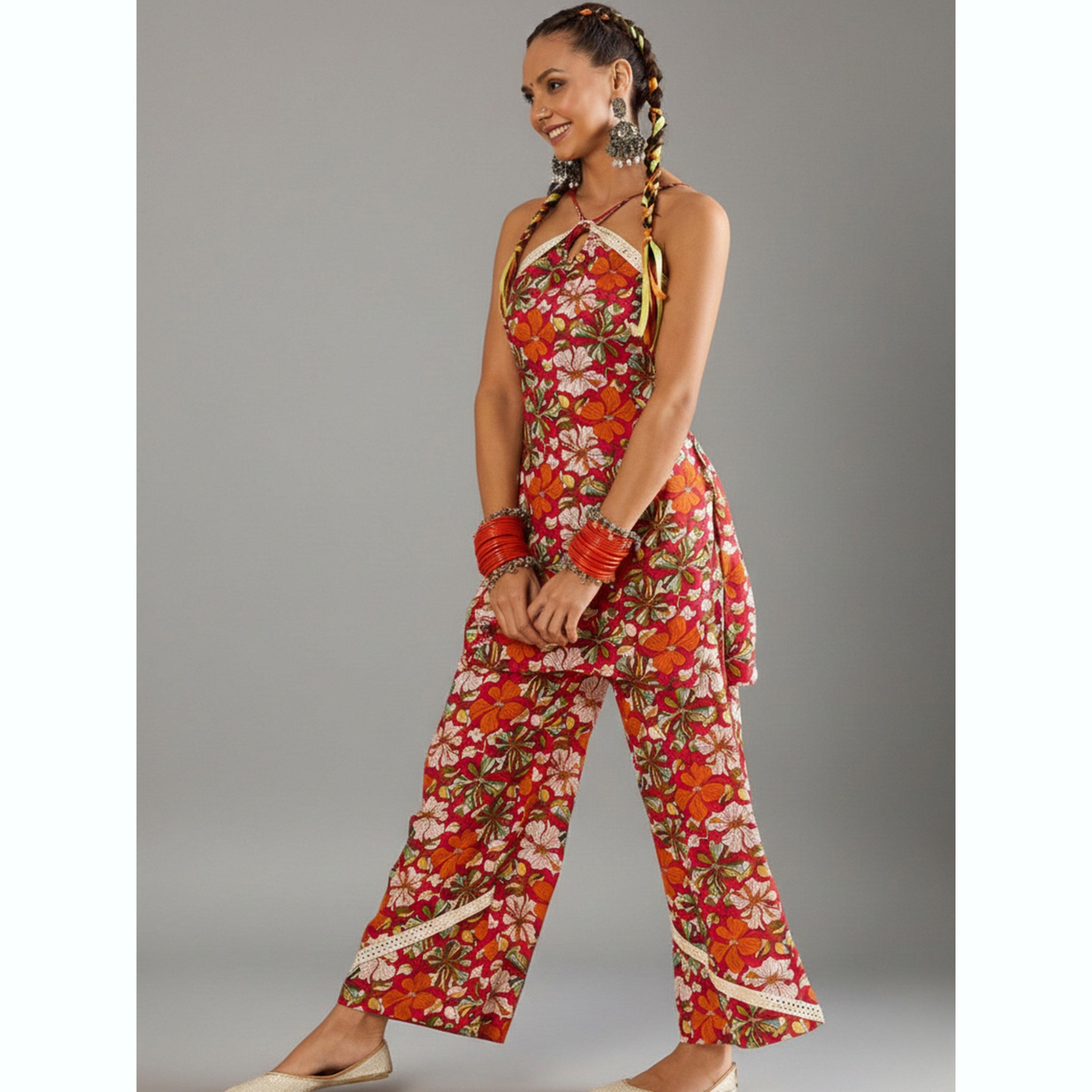 طقم من بلوزة بياقة هولتر بنقشة زهور وبنطال-women-clothing-coordsets-image-2
