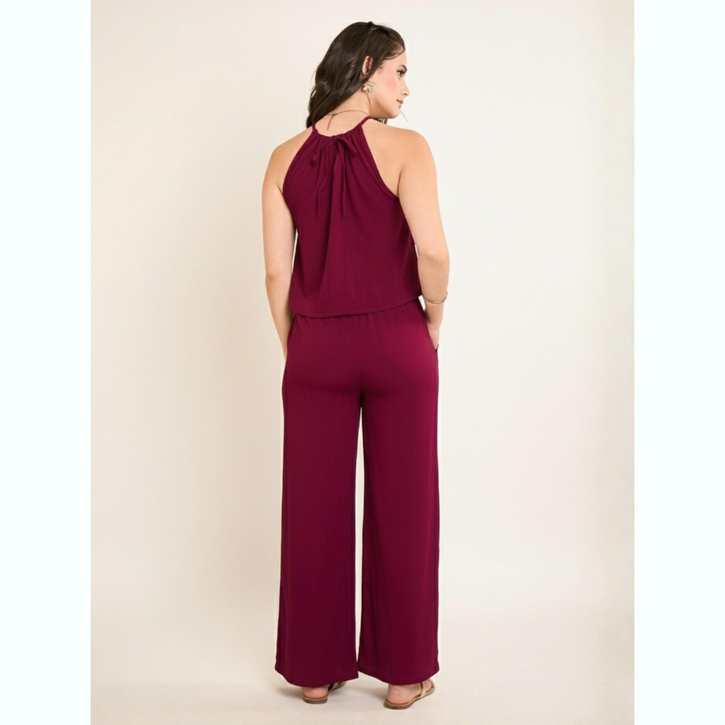 طقم منسق بلوزة كروب بياقة هولتر وبنطال-women-clothing-coordsets-image-2