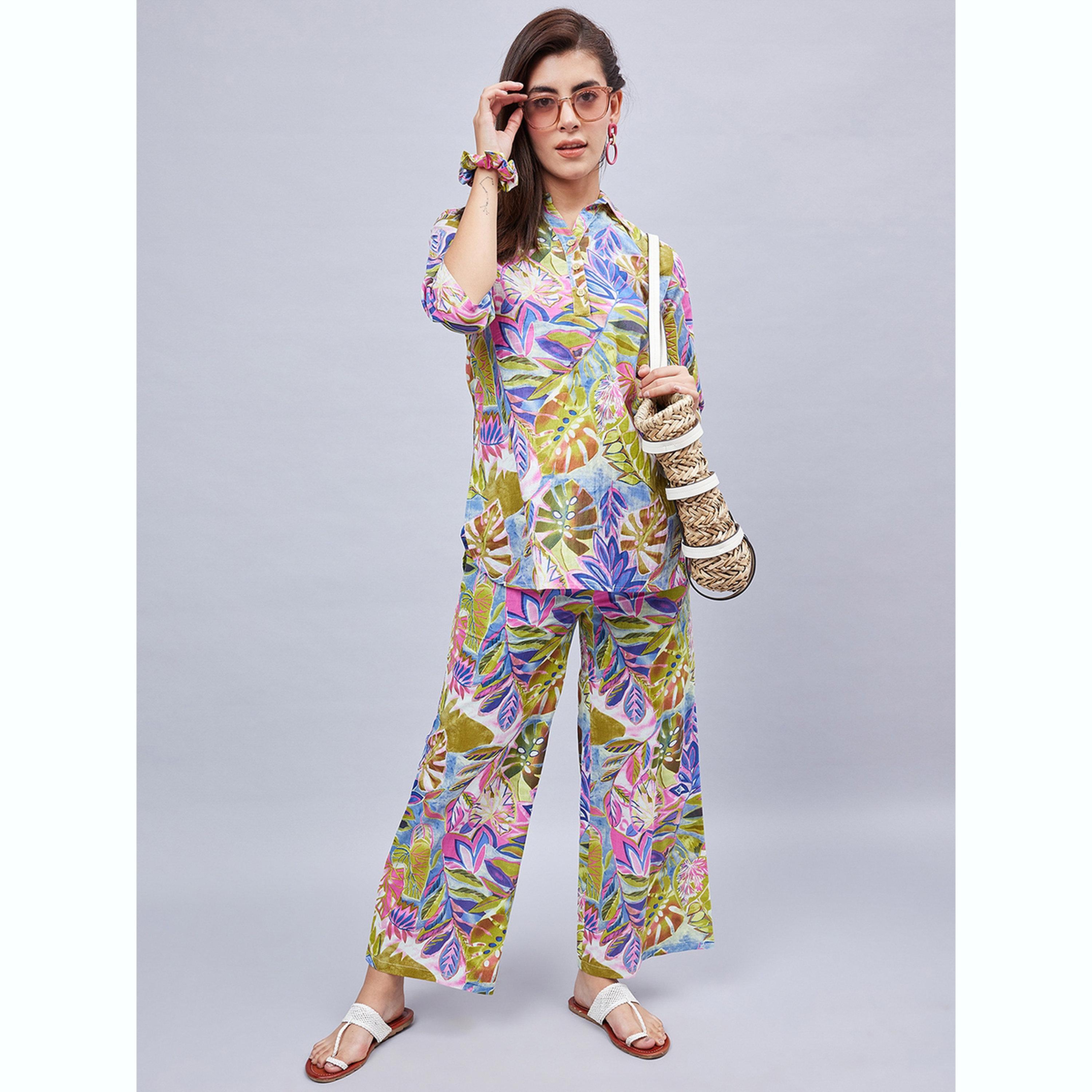 طقم تونيك بياقة مطبوعة مع بنطال-women-clothing-coordsets-image-1