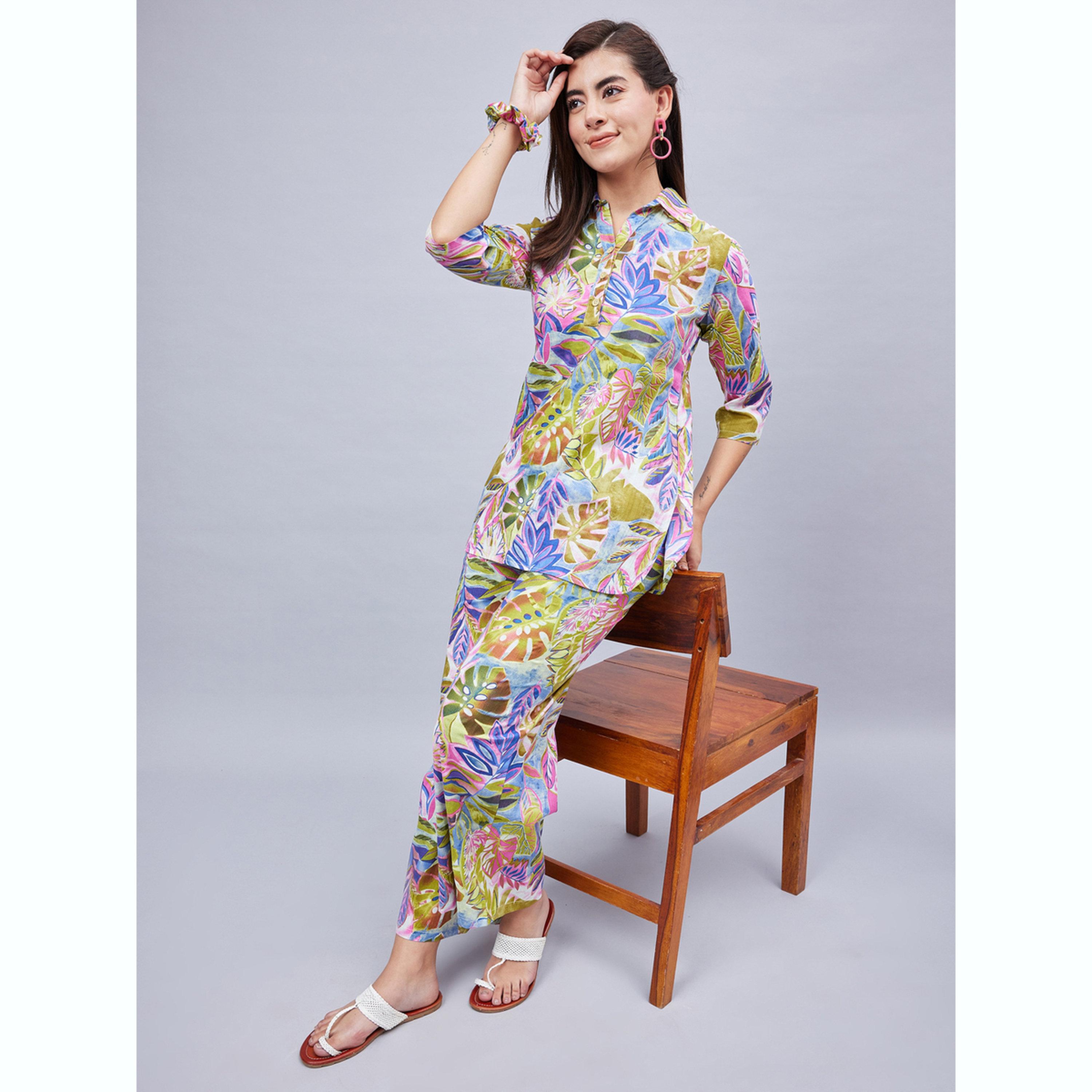 طقم تونيك بياقة مطبوعة مع بنطال-women-clothing-coordsets-image-3