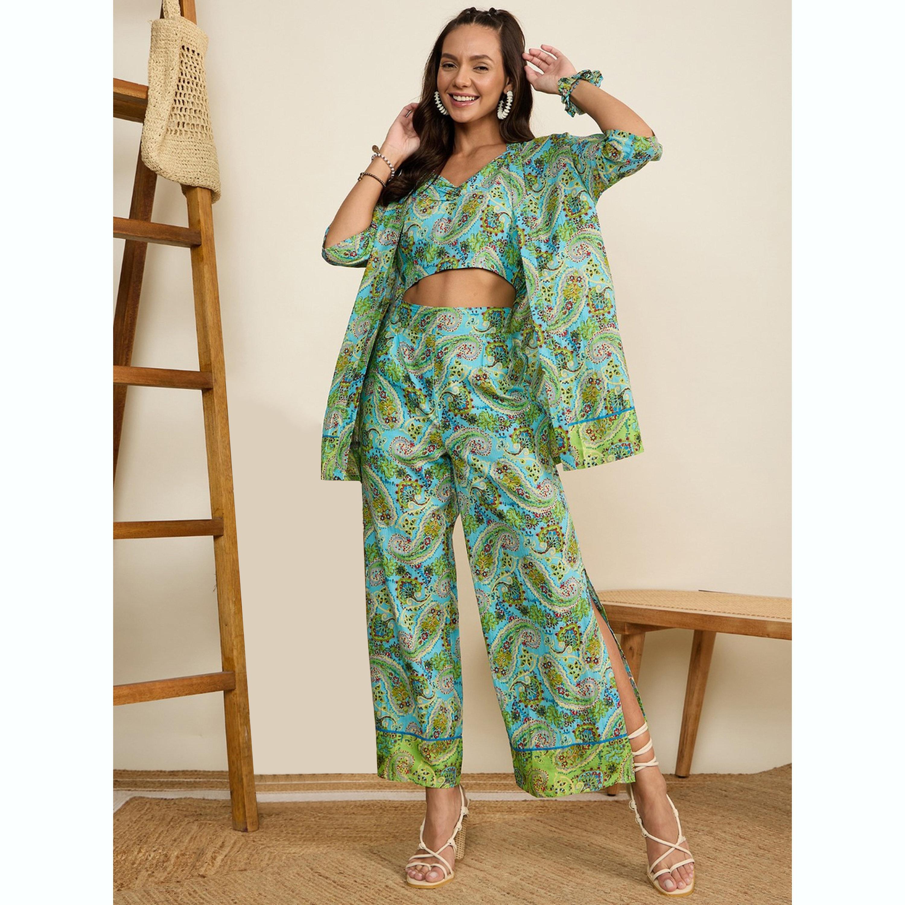 طقم كيمونو مطبوع بنقشة بيزلي مع بلوزة وبنطال-women-clothing-coordsets-image-1