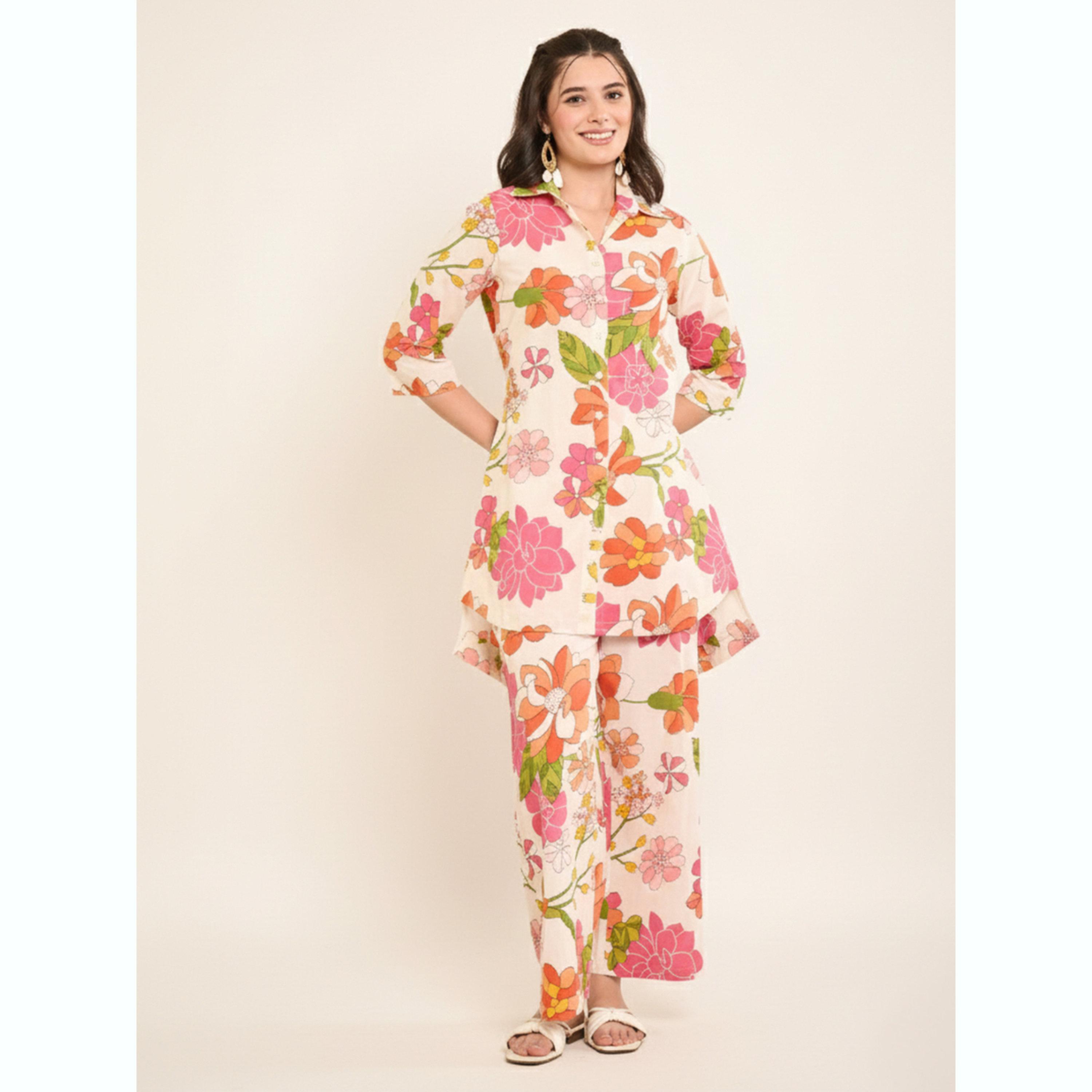 طقم قميص بحواف متباينة الطول وطبعة زهور مع بنطال-women-clothing-coordsets-image-1
