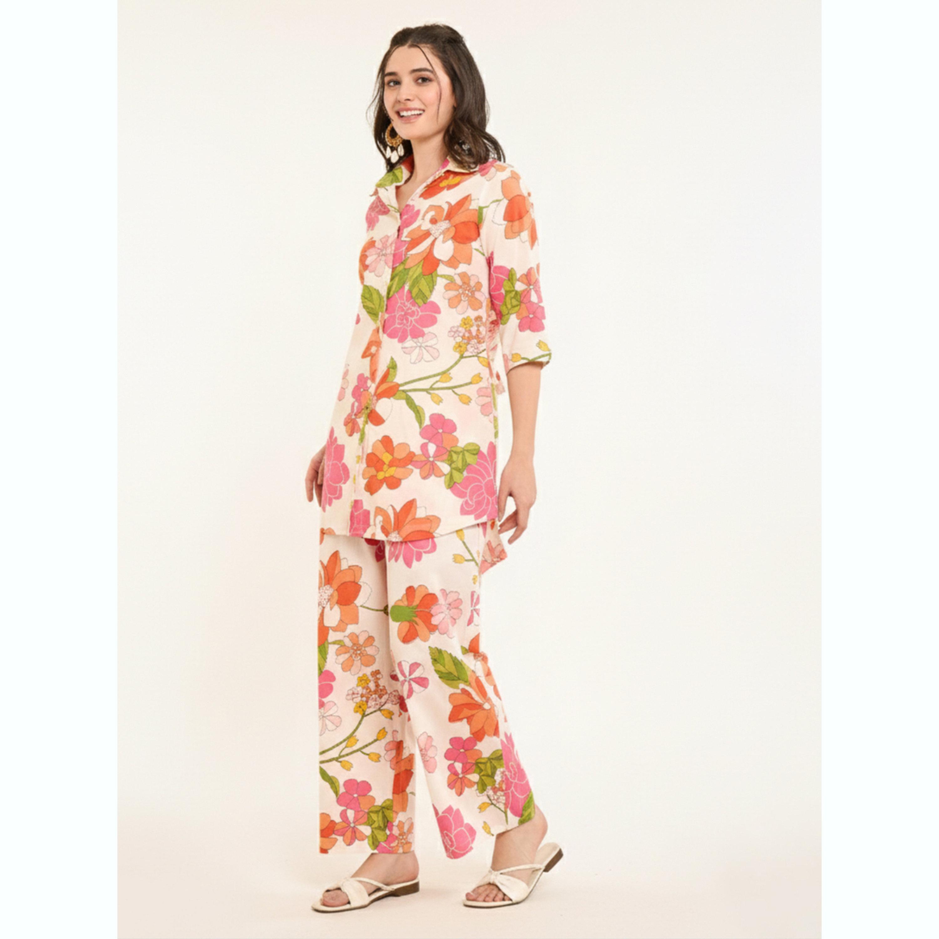 طقم قميص بحواف متباينة الطول وطبعة زهور مع بنطال-women-clothing-coordsets-image-2