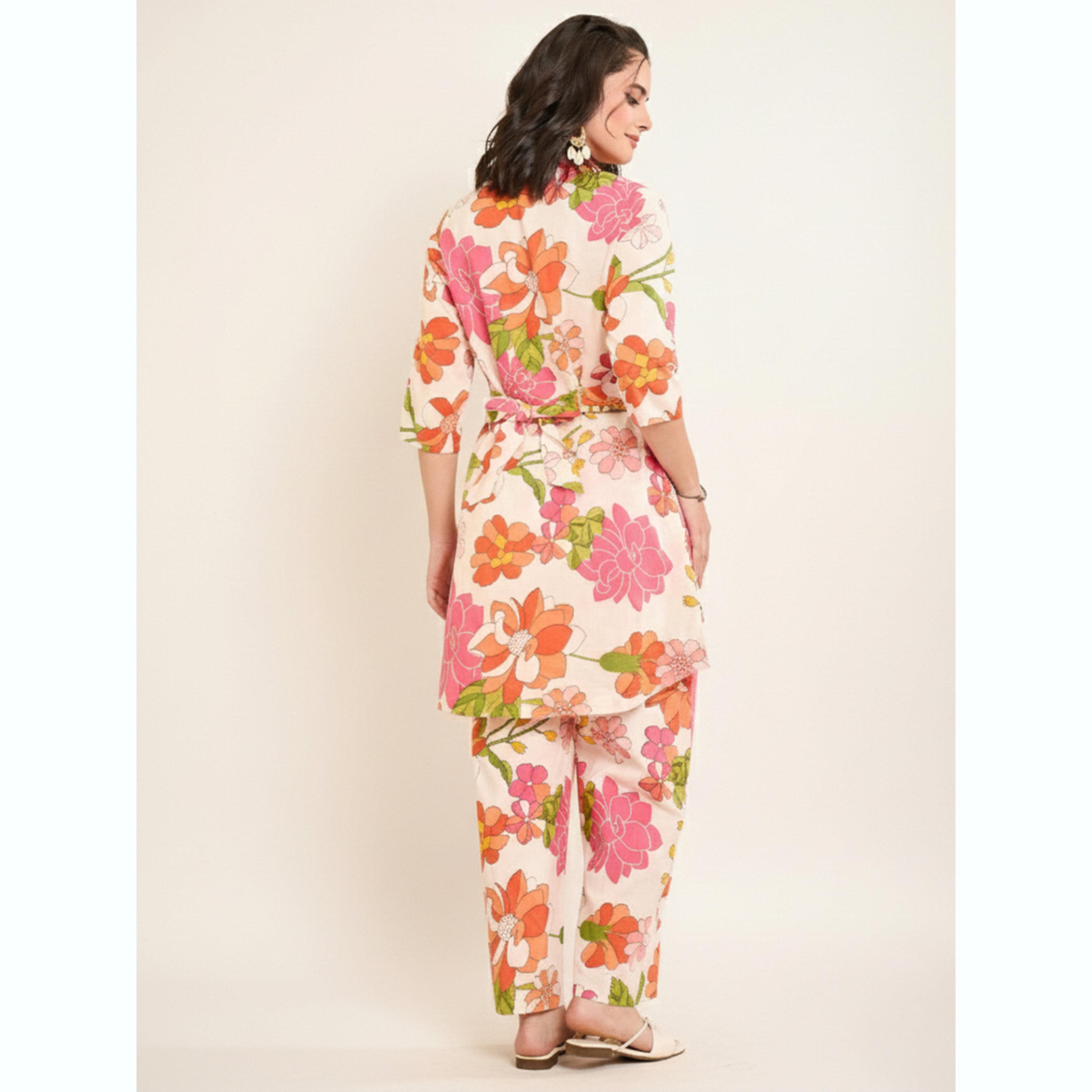 طقم قميص بحواف متباينة الطول وطبعة زهور مع بنطال-women-clothing-coordsets-image-4