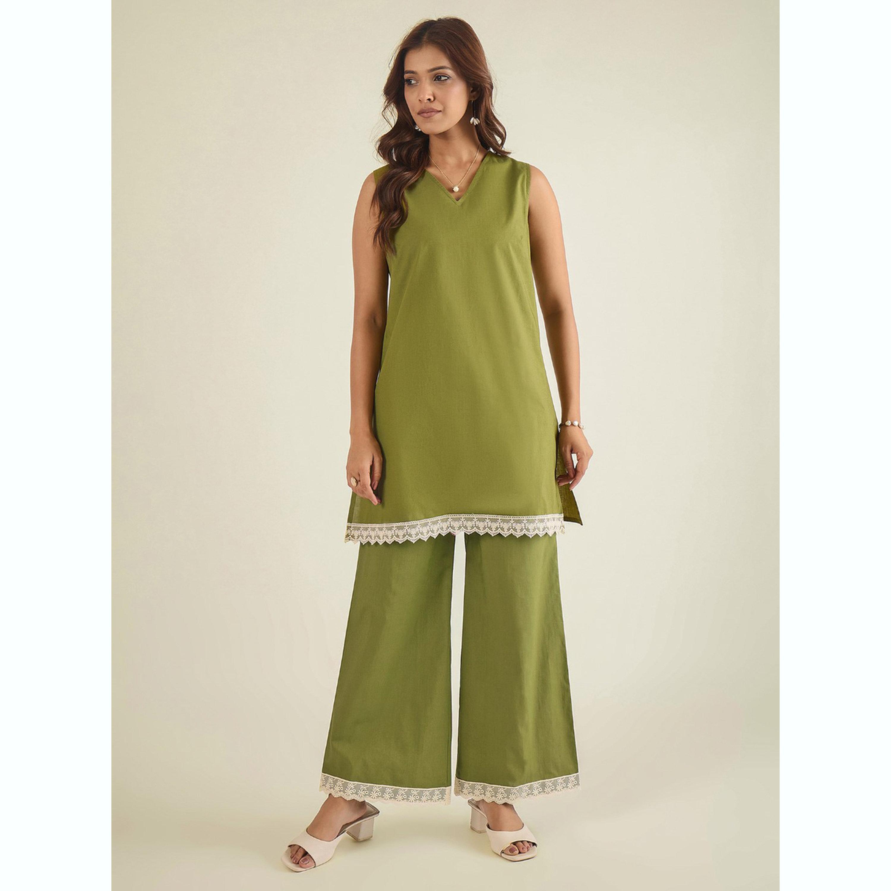 طقم تونيك قطن بوبلين بتفاصيل دانتيل مع بنطال-women-clothing-coordsets-image-1