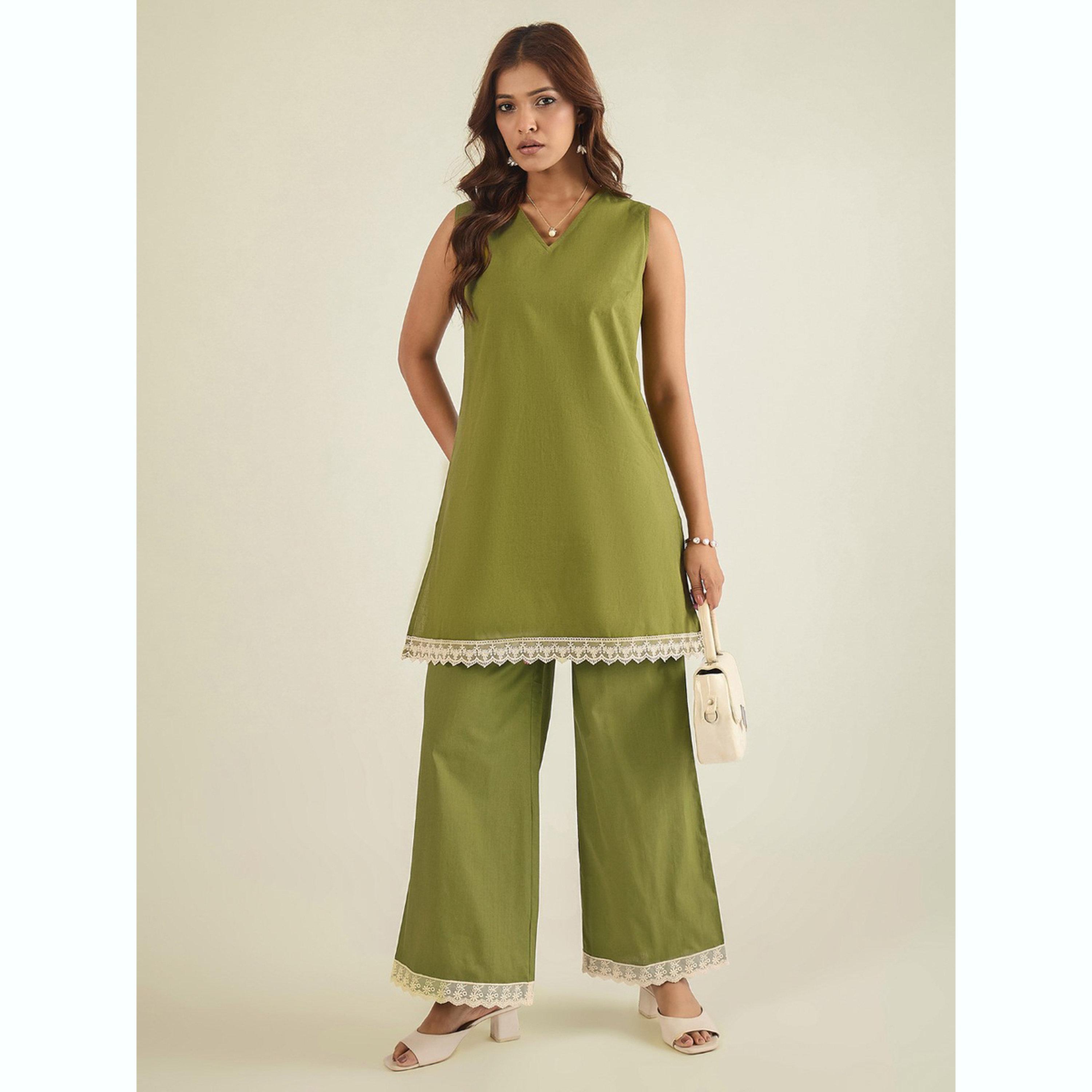 طقم تونيك قطن بوبلين بتفاصيل دانتيل مع بنطال-women-clothing-coordsets-image-2