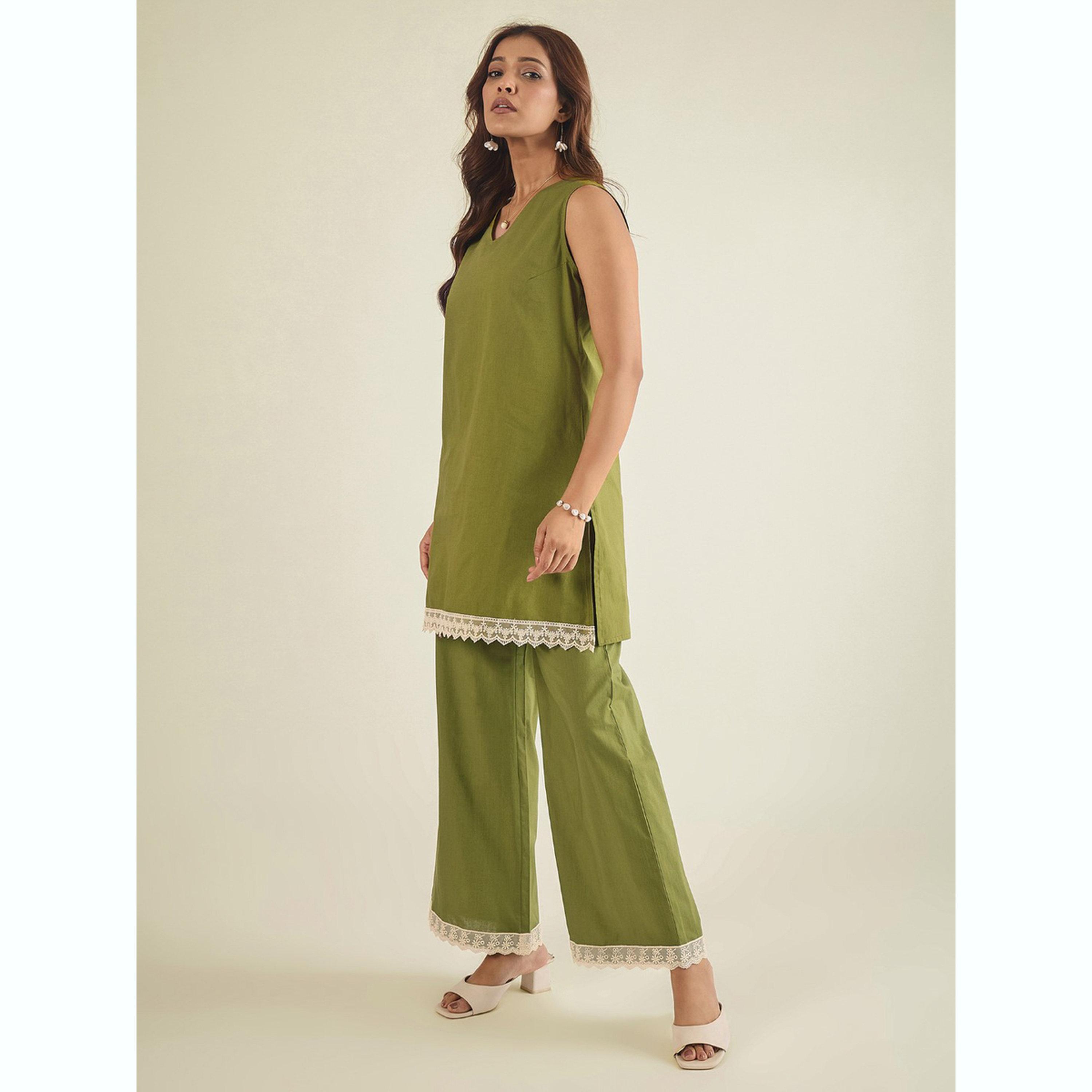 طقم تونيك قطن بوبلين بتفاصيل دانتيل مع بنطال-women-clothing-coordsets-image-3