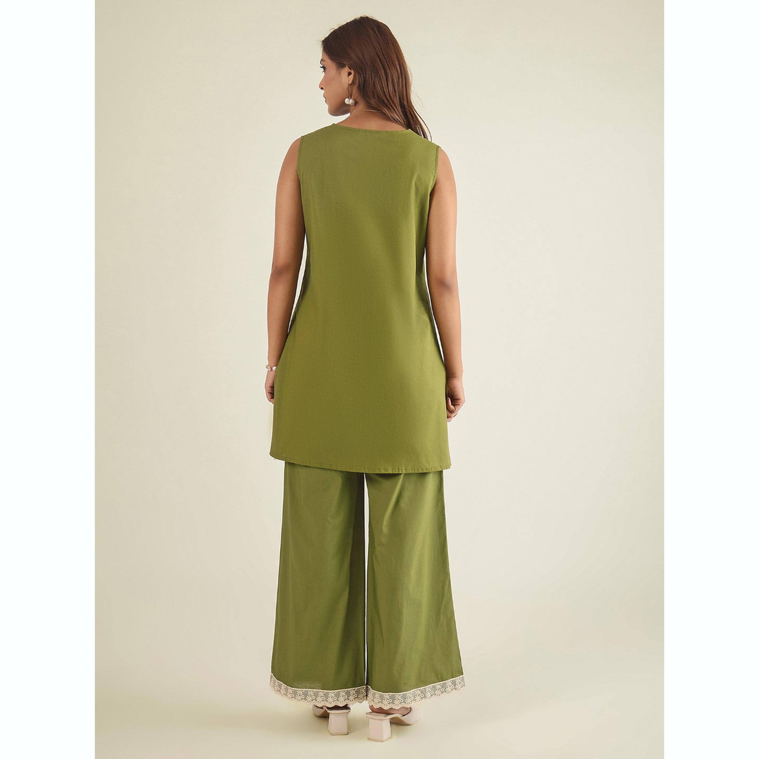 طقم تونيك قطن بوبلين بتفاصيل دانتيل مع بنطال-women-clothing-coordsets-image-4