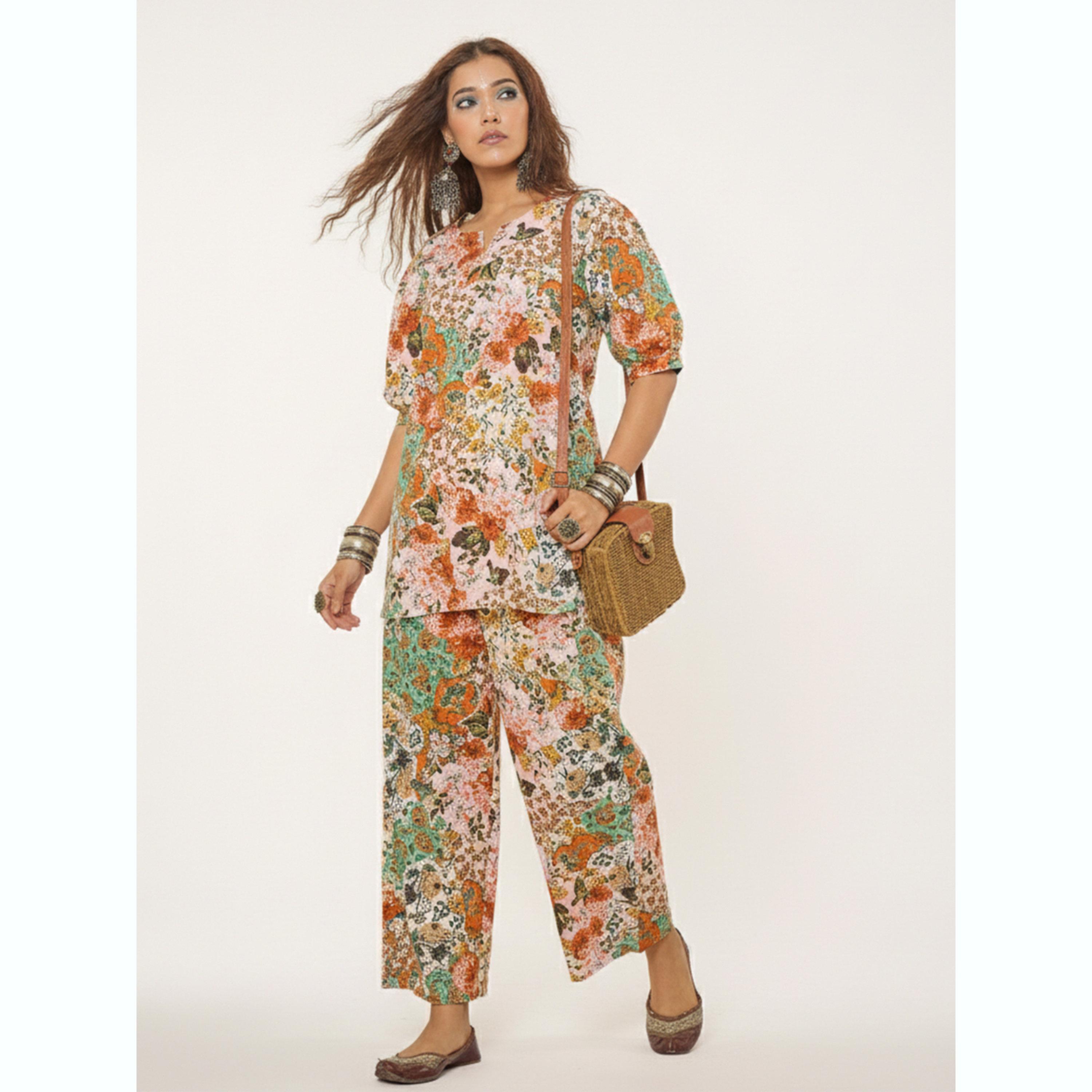 طقم منسق تونيك بأكمام منفوخة وبنطال بطبعة أزهار-women-clothing-coordsets-image-1