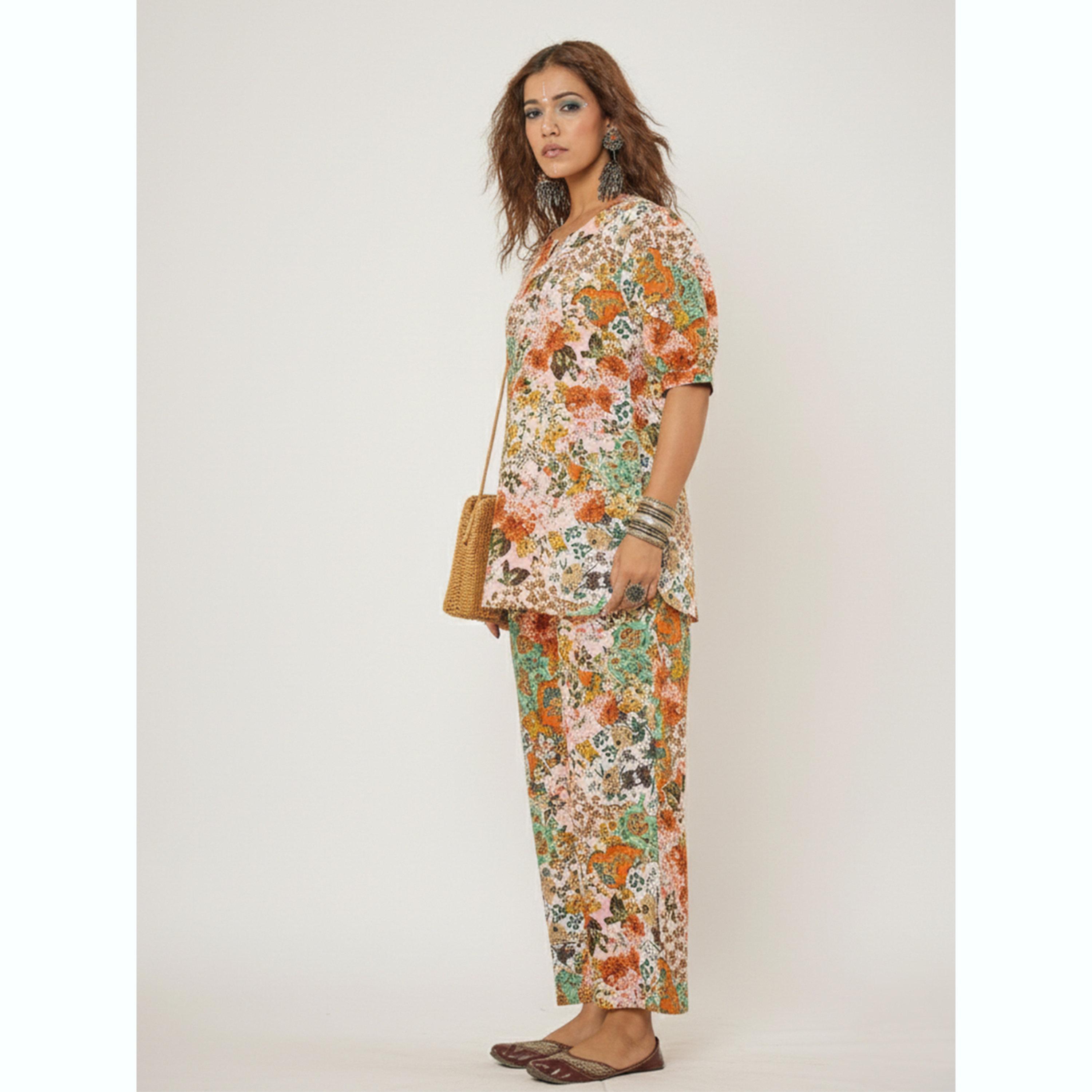 طقم منسق تونيك بأكمام منفوخة وبنطال بطبعة أزهار-women-clothing-coordsets-image-2