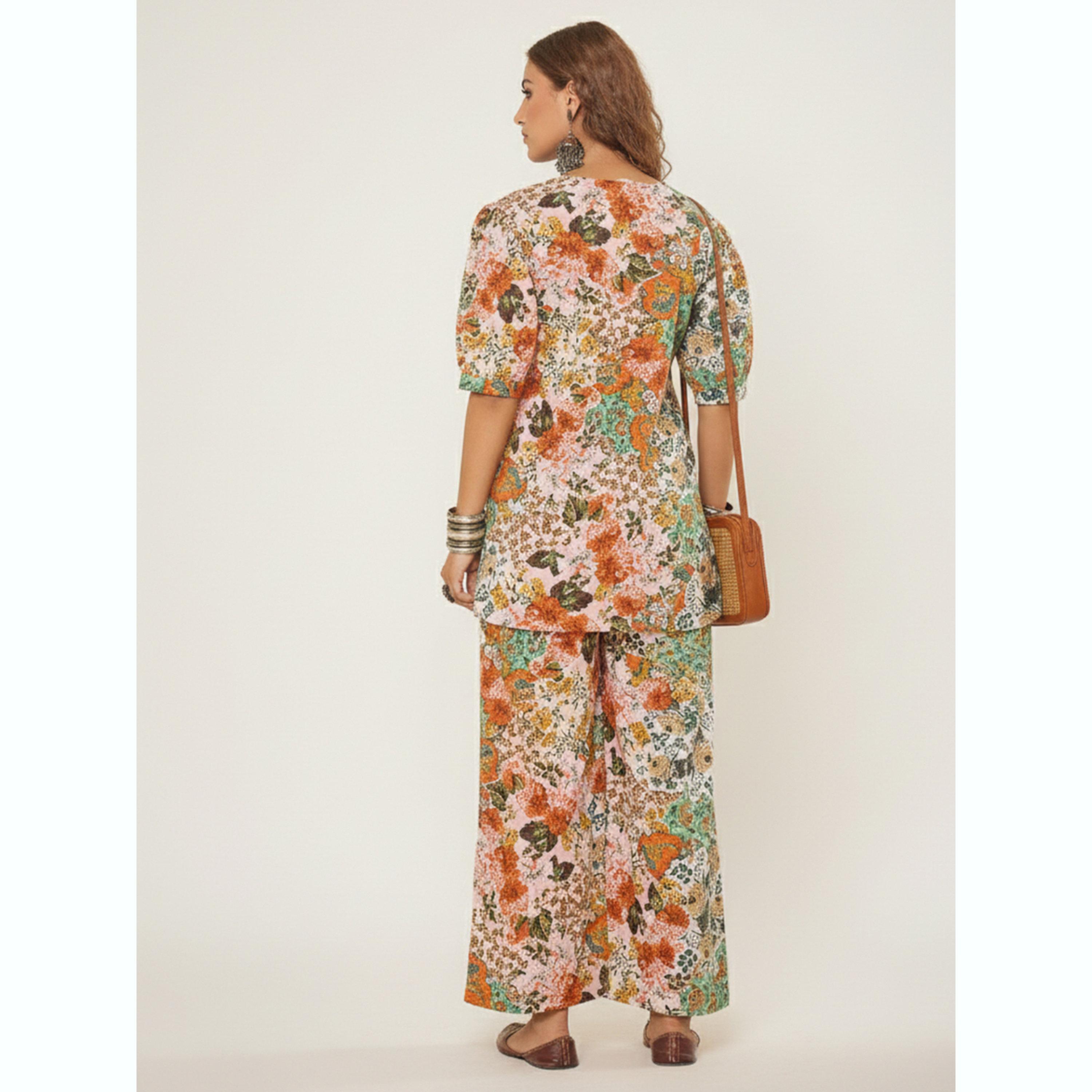 طقم منسق تونيك بأكمام منفوخة وبنطال بطبعة أزهار-women-clothing-coordsets-image-3