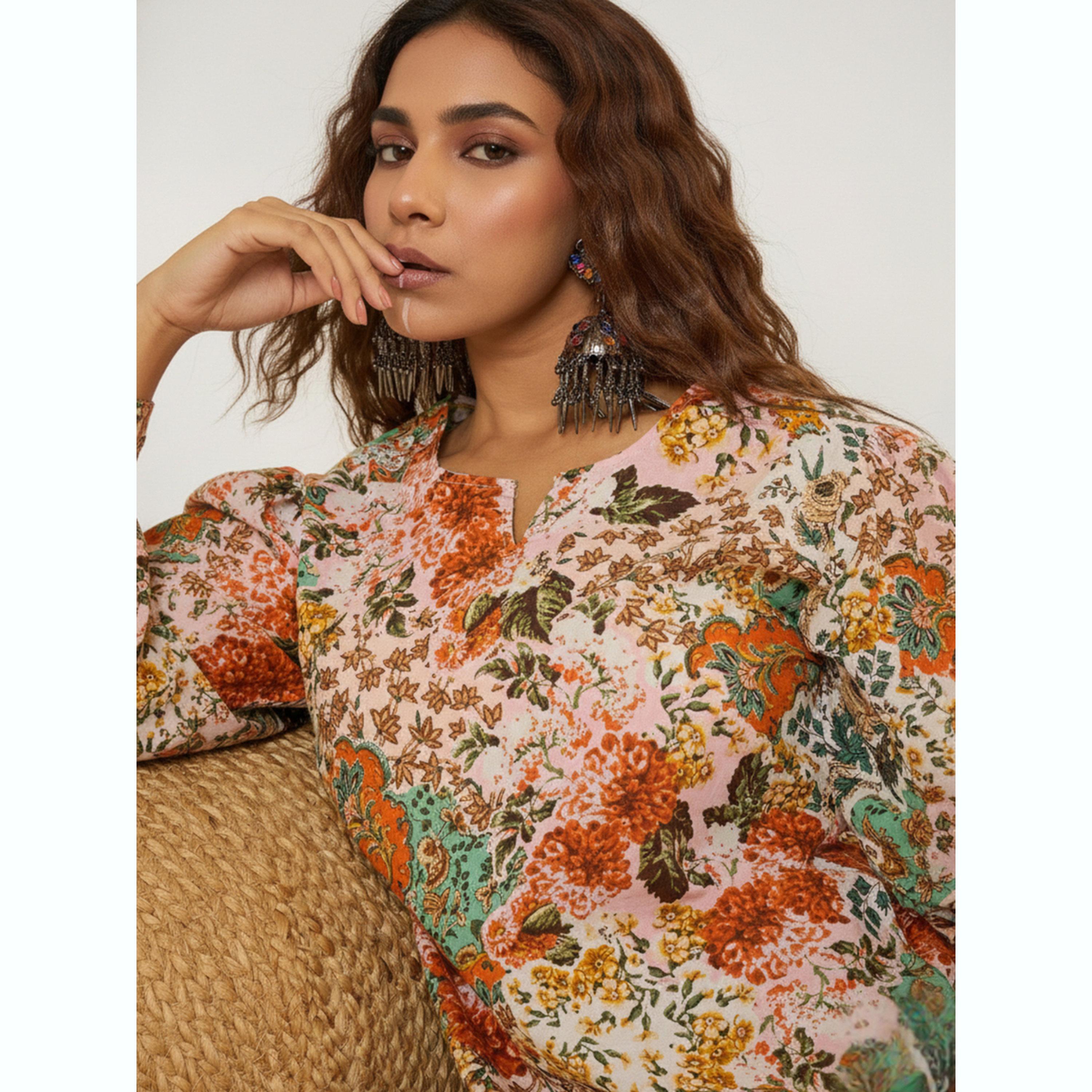 طقم منسق تونيك بأكمام منفوخة وبنطال بطبعة أزهار-women-clothing-coordsets-image-6