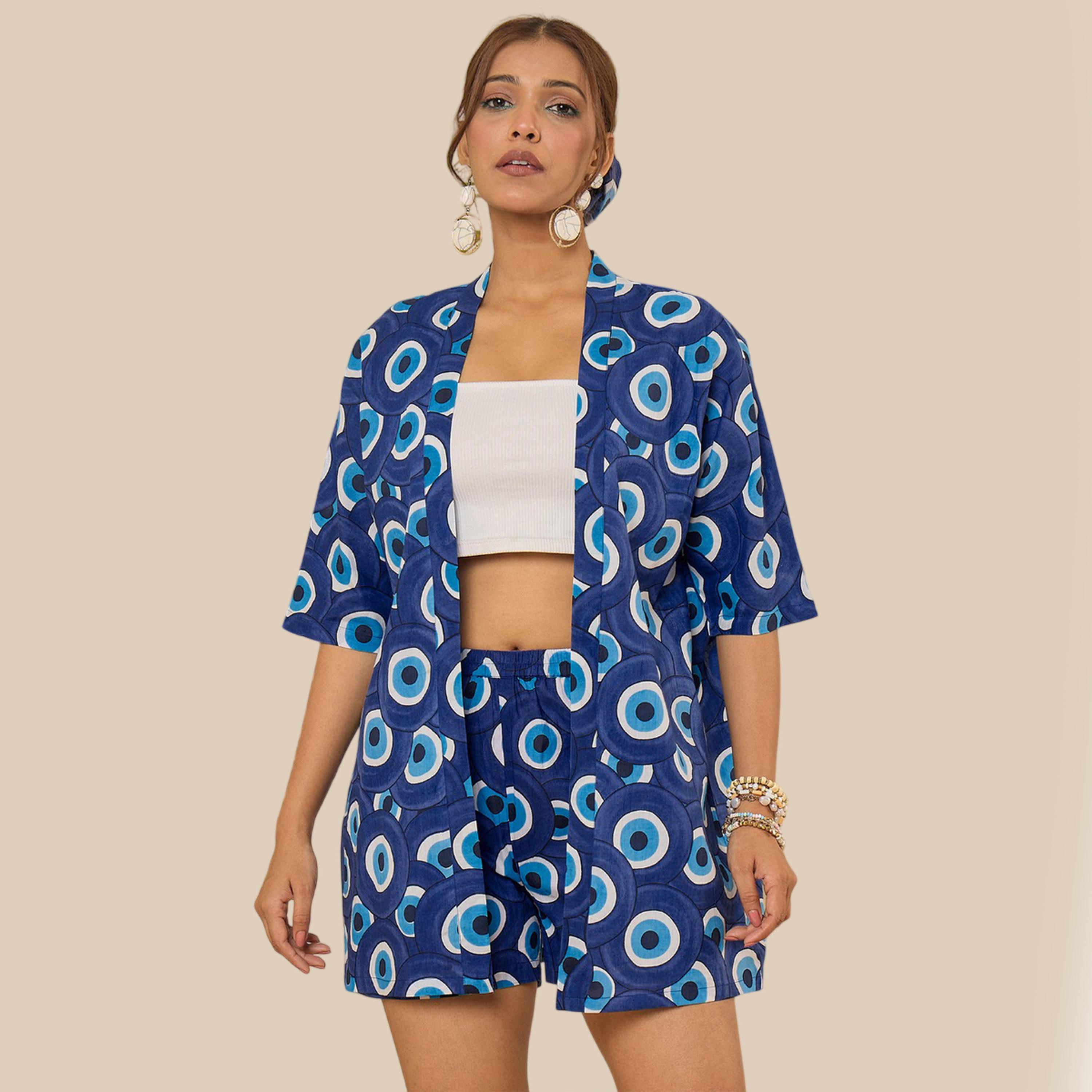 طقم كيمونو وبلوزة وشورت بطبعة عين الشر-women-clothing-coordsets-image-1